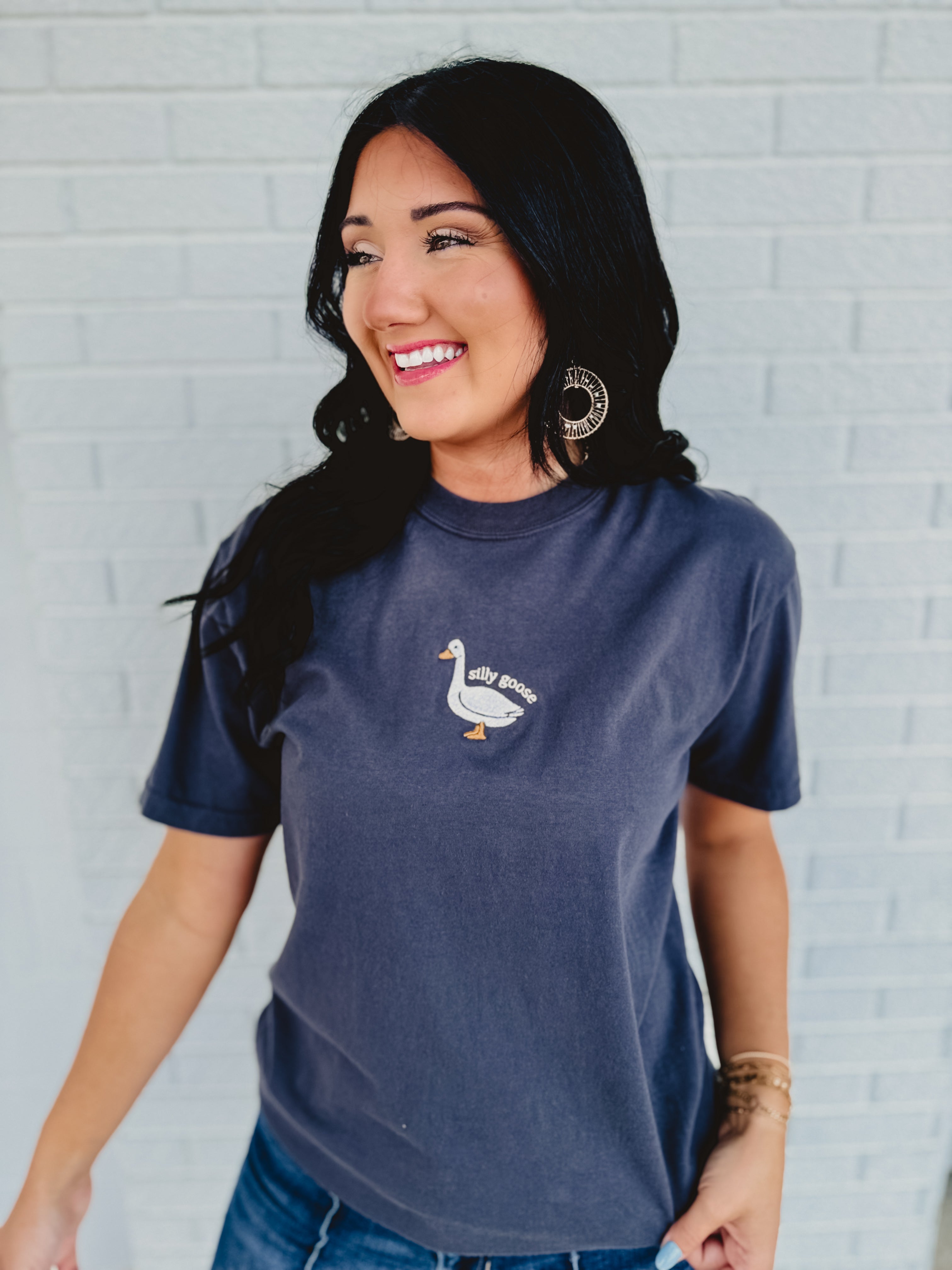 Silly Goose Embroidered Tee - Charcoal - Lace and Grace Boutique