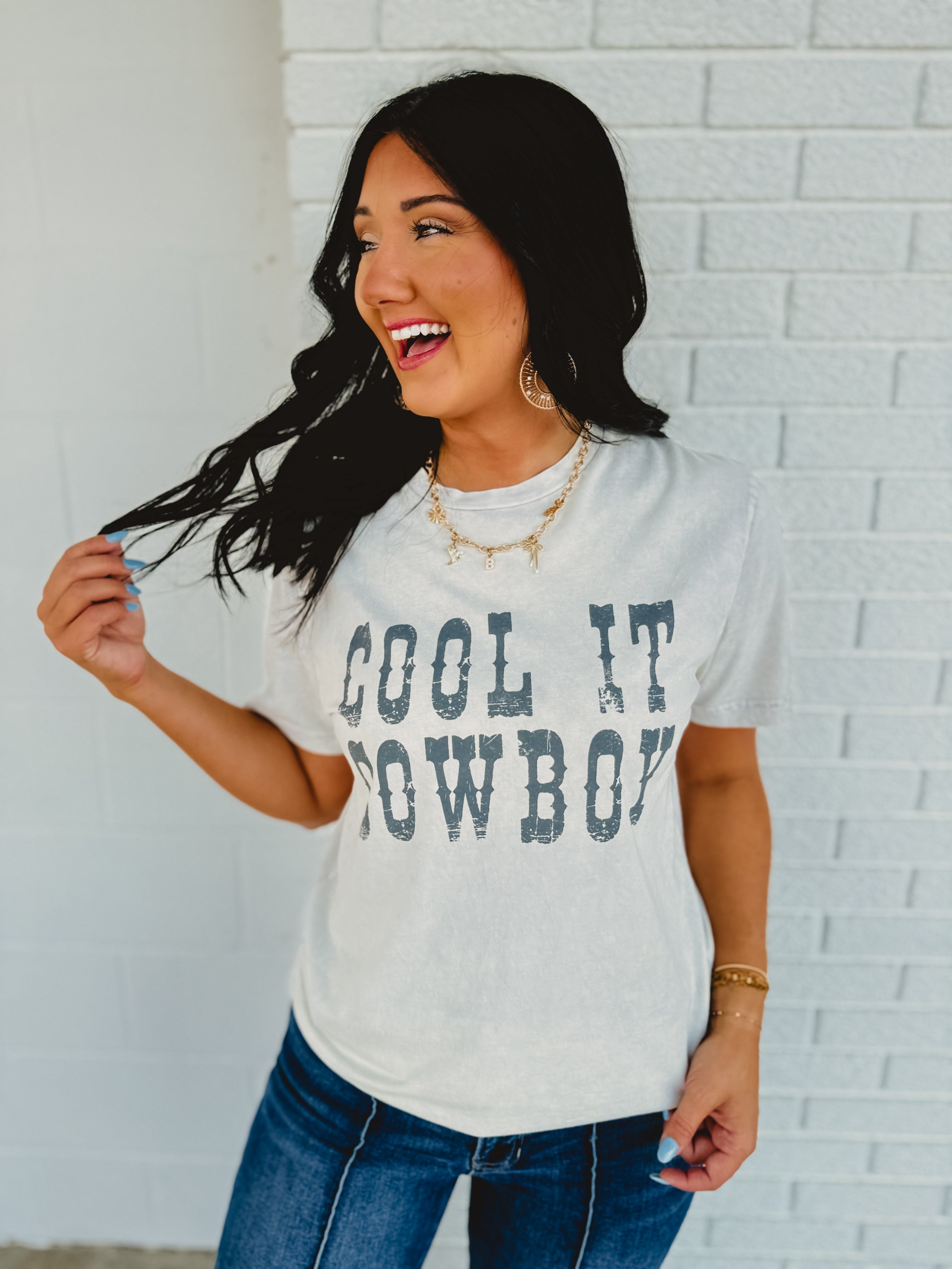 Cool It Cowboy Mineral Wash Graphic Tee - Off White - Lace and Grace Boutique