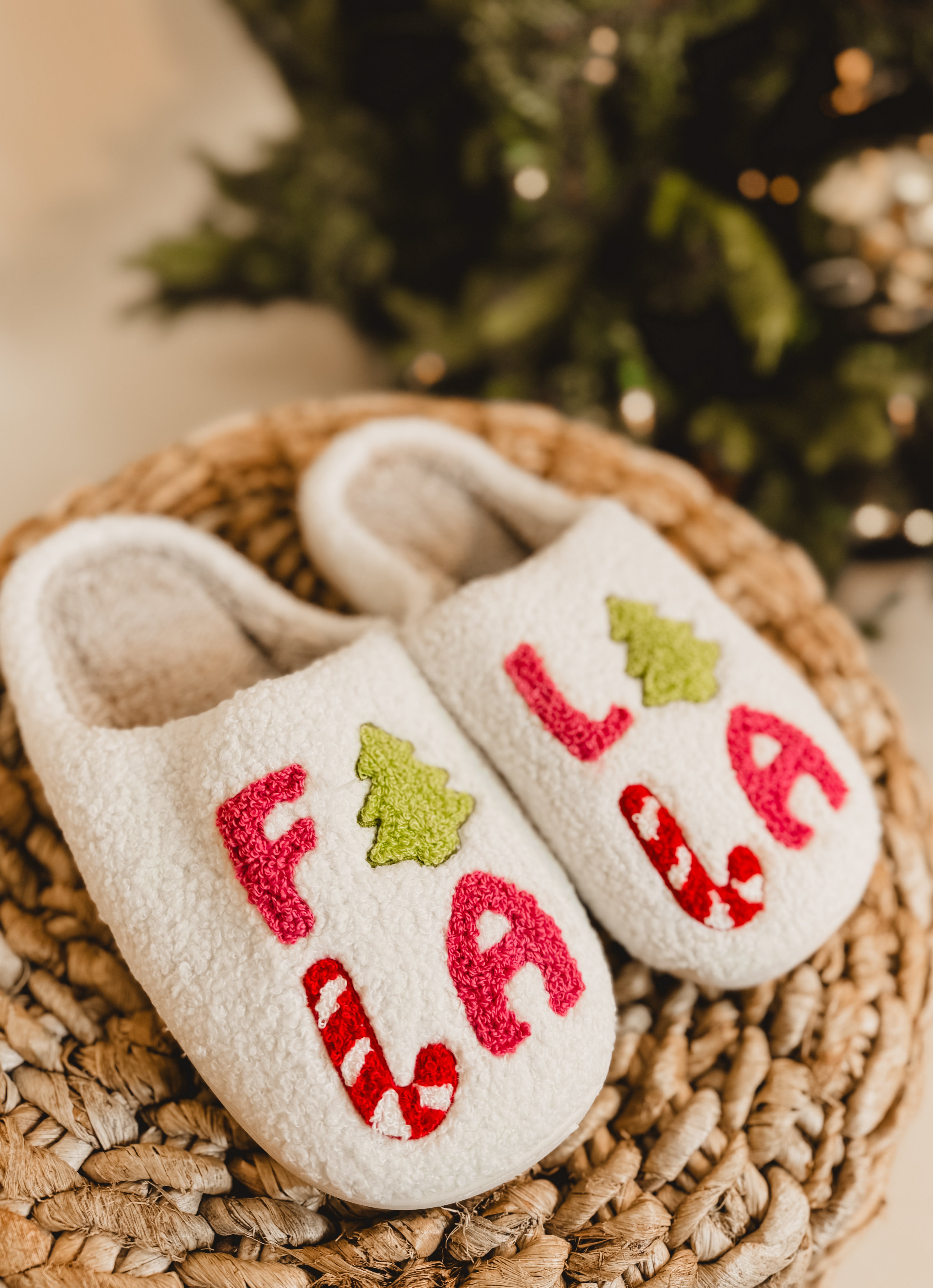 Plush "Fa La La La" Slip-On Slippers - Lace and Grace Boutique