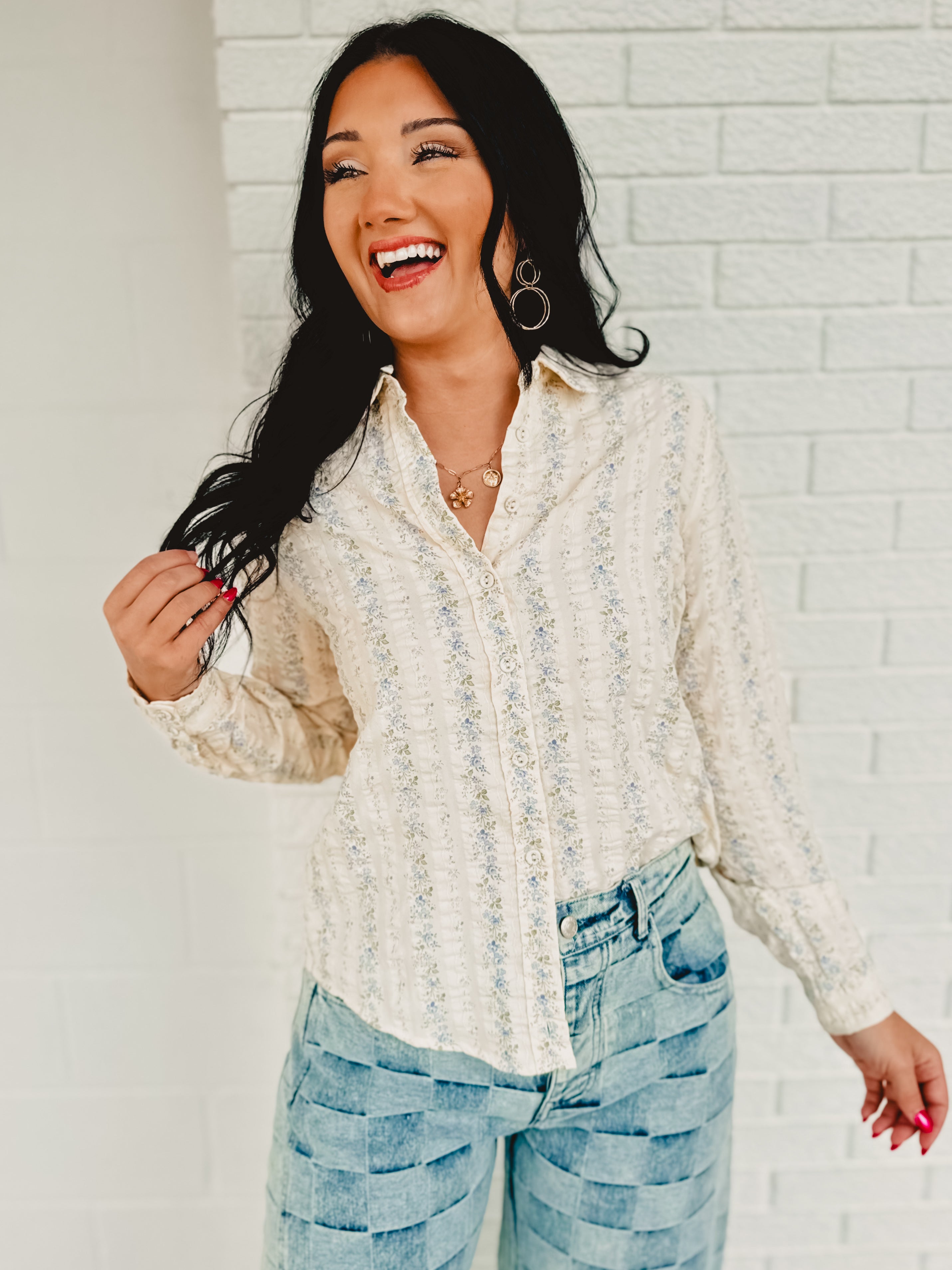 Long Sleeve Button Up Floral Top - Chambray - Lace and Grace Boutique