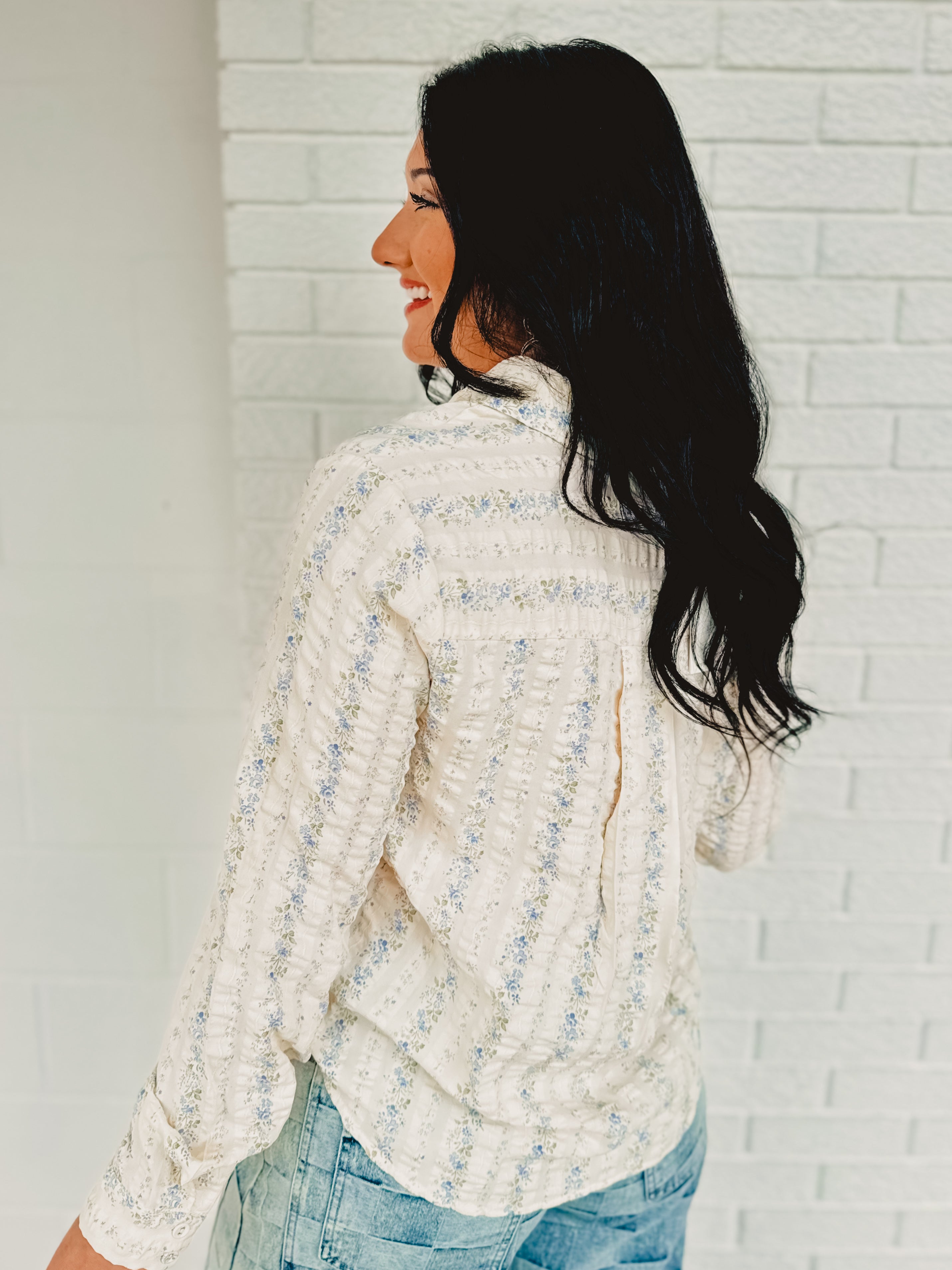 Long Sleeve Button Up Floral Top - Chambray - Lace and Grace Boutique