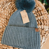 C.C Cable Cuff Pom Beanie - Forest Green - Lace and Grace Boutique