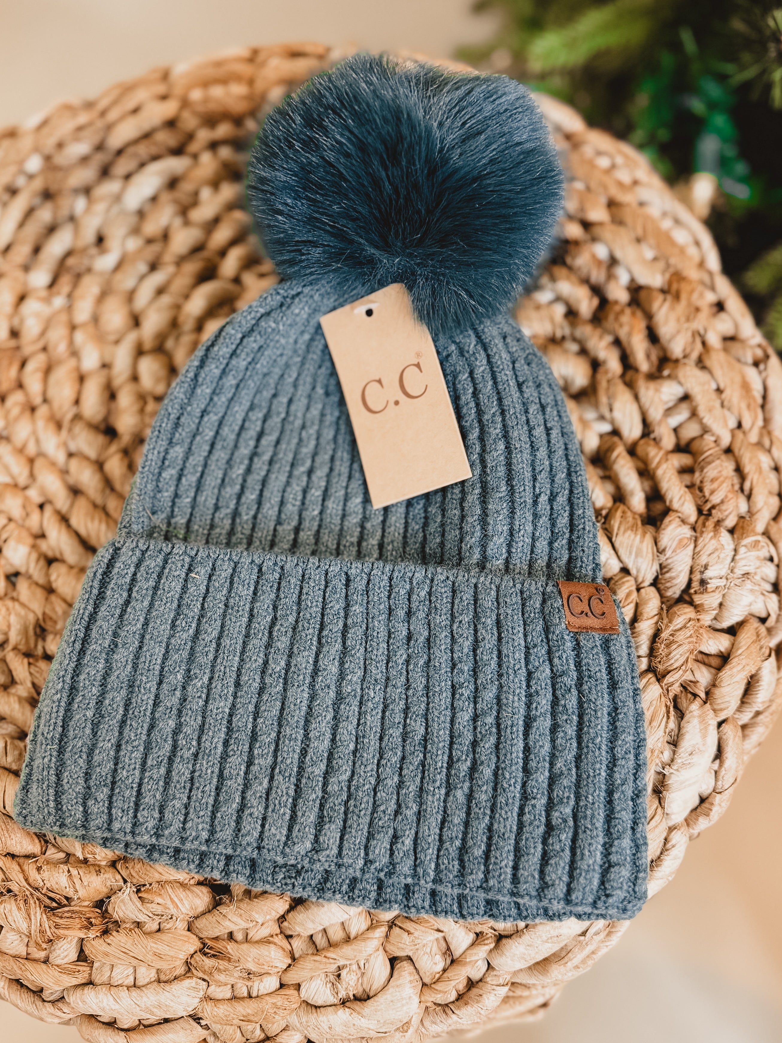 C.C Cable Cuff Pom Beanie - Forest Green - Lace and Grace Boutique