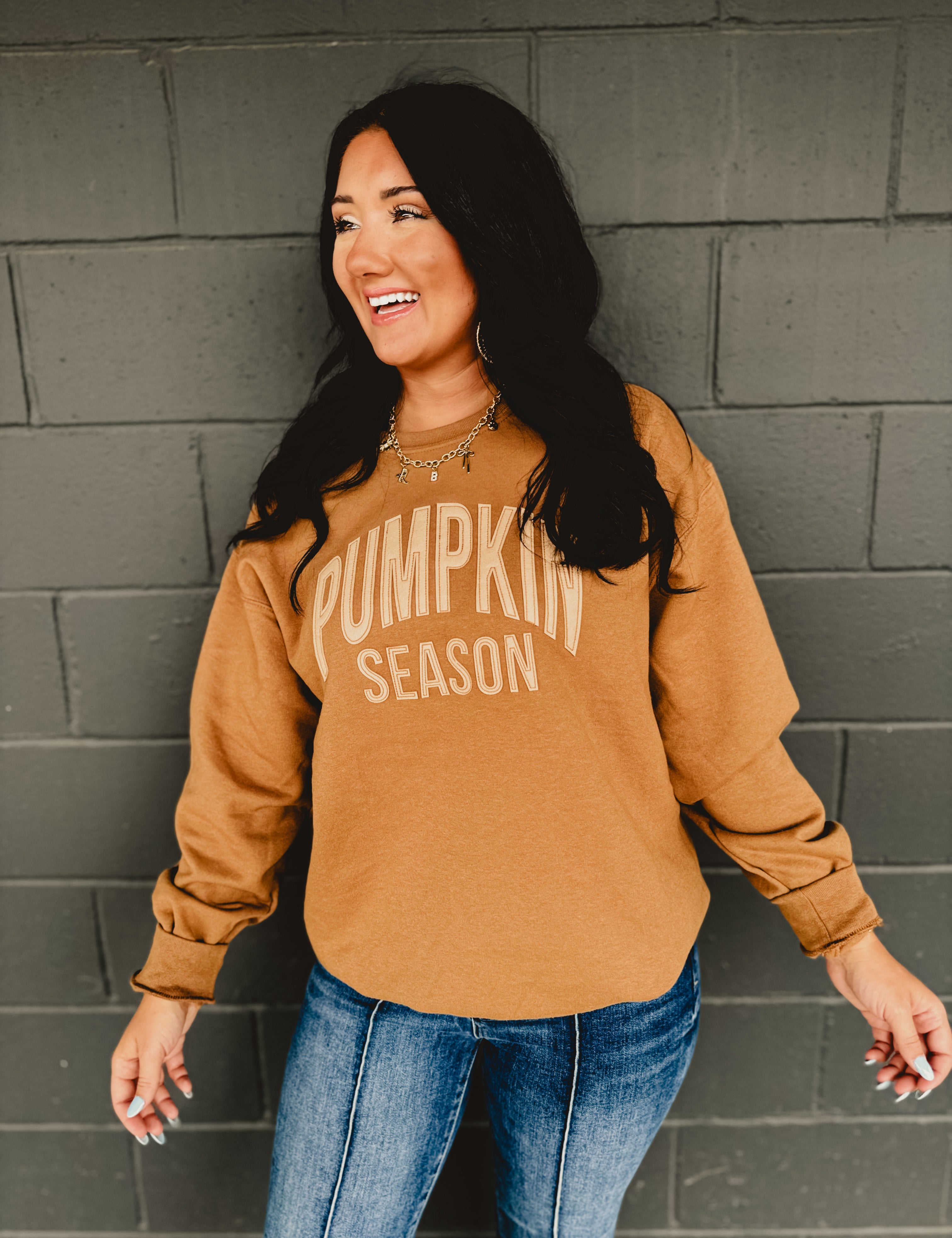 Pumpkin Season Oversized Sweatshirt - Pecan - Lace and Grace Boutique