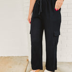 Cotton Gauze Cargo Wide Pants - Black - Lace and Grace Boutique