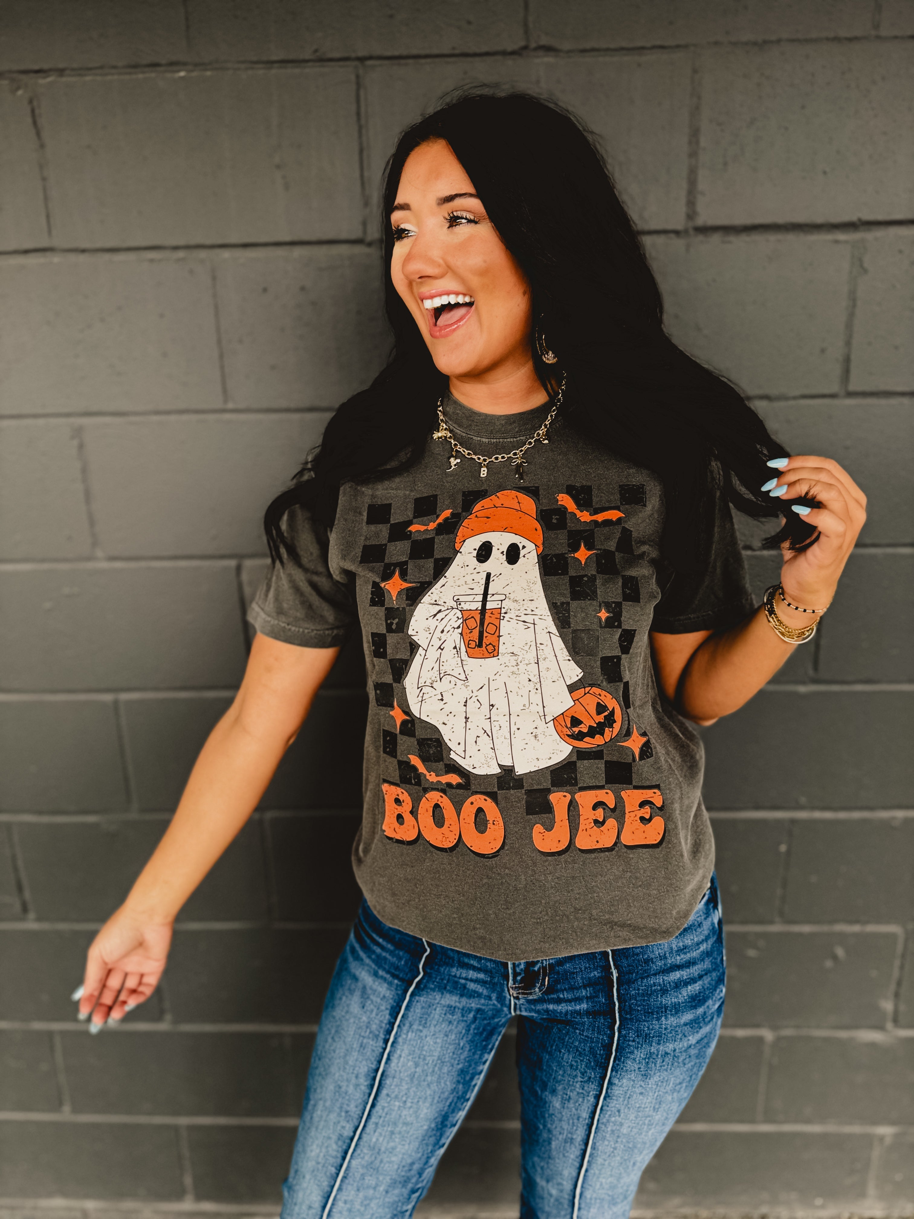 Boo Jee Ghost Checkered Graphic Tee - Dark Gray - Lace and Grace Boutique