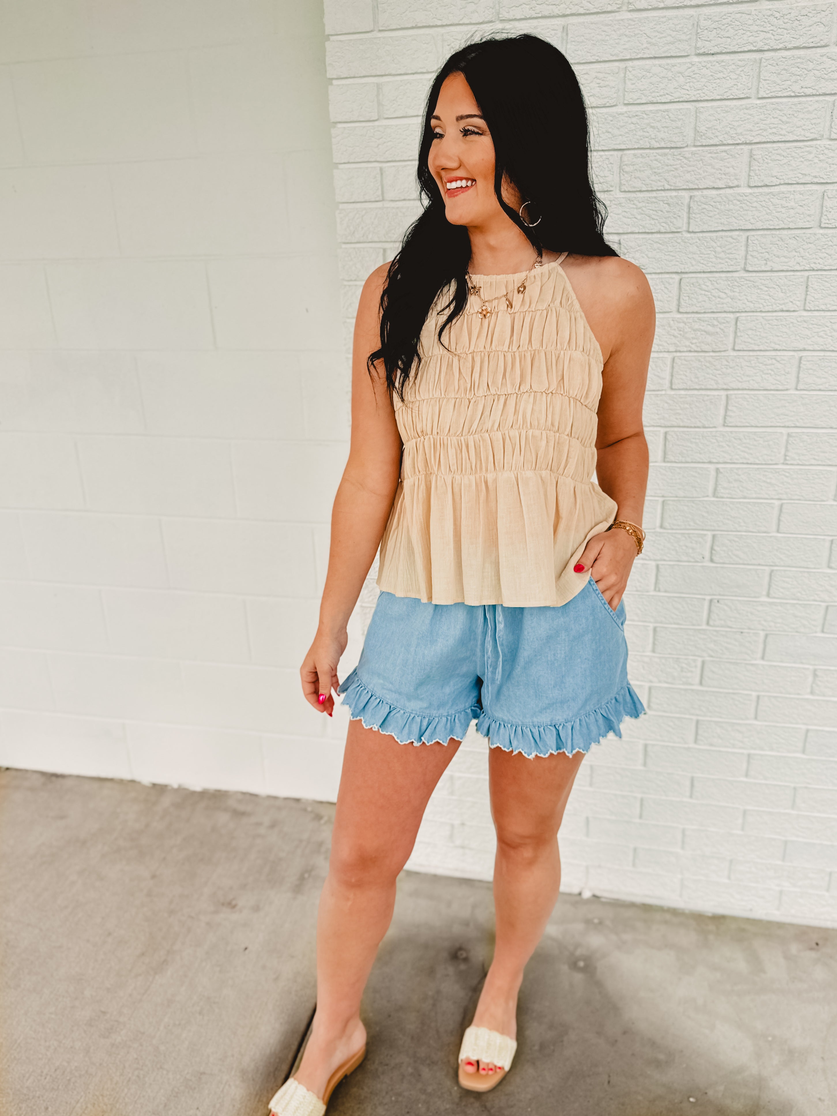 Ruffle Hem Denim Shorts - Light Denim - Lace and Grace Boutique