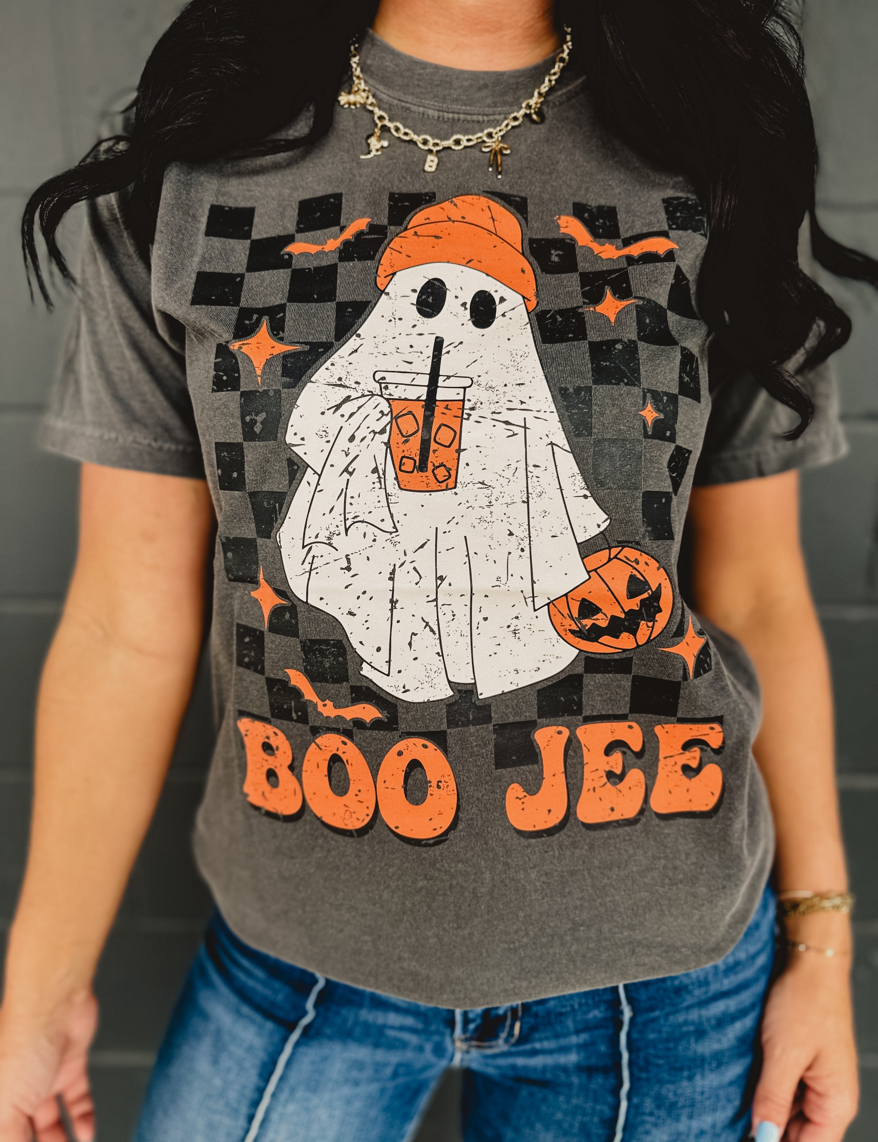 Boo Jee Ghost Checkered Graphic Tee - Dark Gray - Lace and Grace Boutique