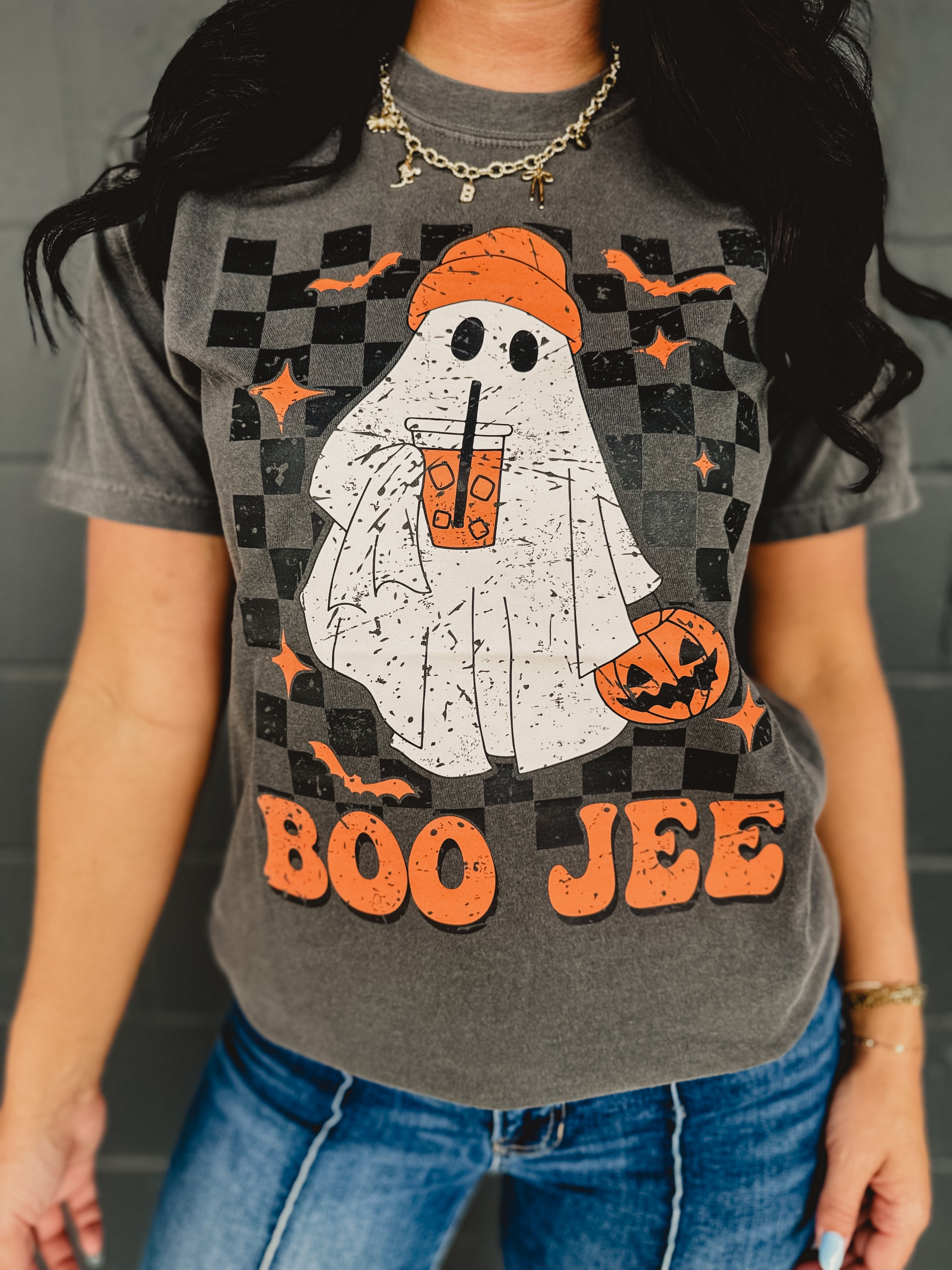 Boo Jee Ghost Checkered Graphic Tee - Dark Gray - Lace and Grace Boutique