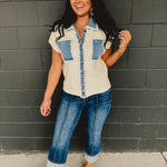 Denim Mixed Button Down Cable Sweater Jacket - Lace and Grace Boutique