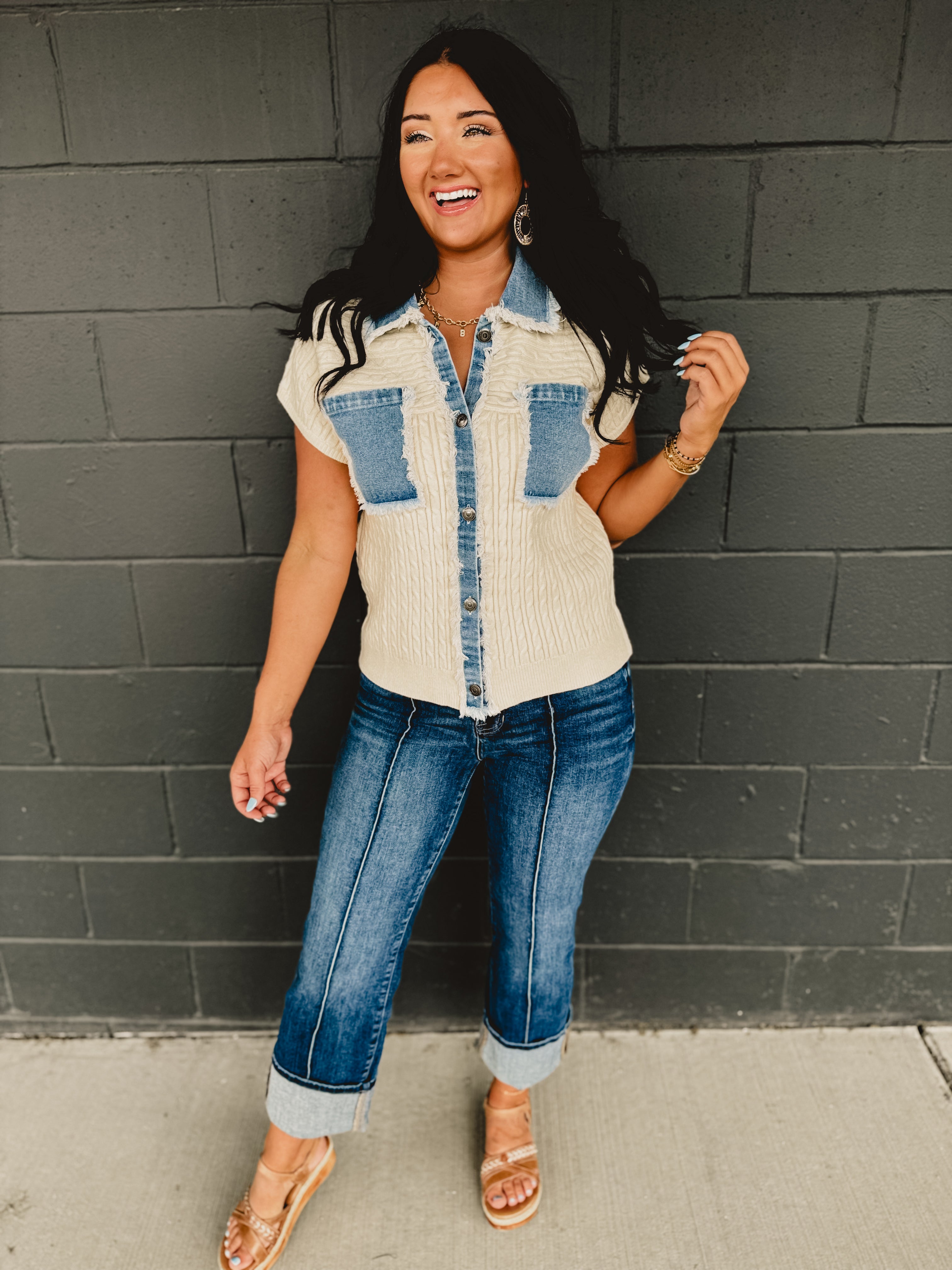 Denim Mixed Button Down Cable Sweater Jacket - Lace and Grace Boutique