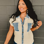 Denim Mixed Button Down Cable Sweater Jacket - Lace and Grace Boutique