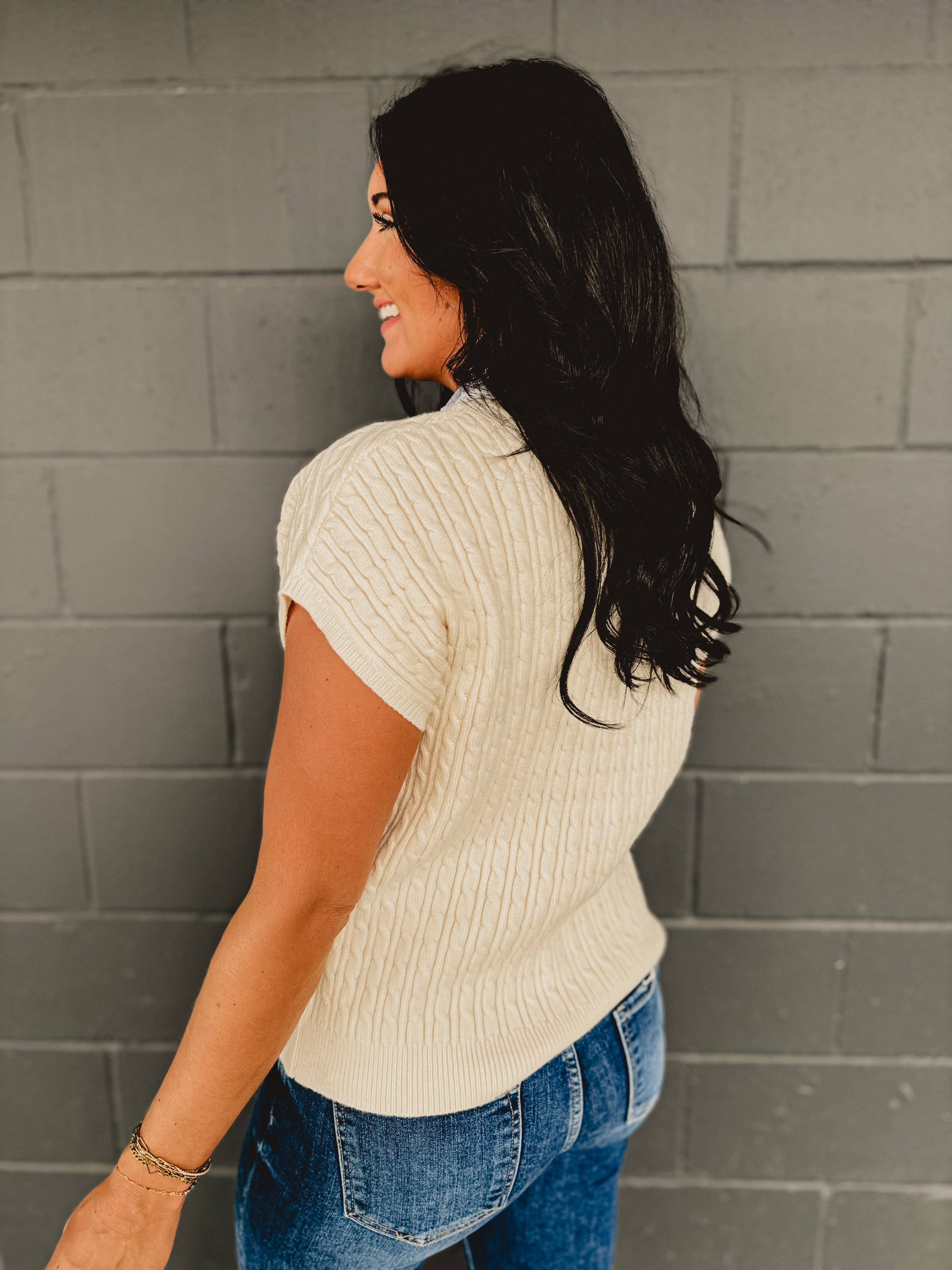 Denim Mixed Button Down Cable Sweater Jacket - Lace and Grace Boutique