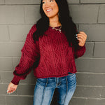 Cotton Cable Knit Pullover - Burgundy - Lace and Grace Boutique