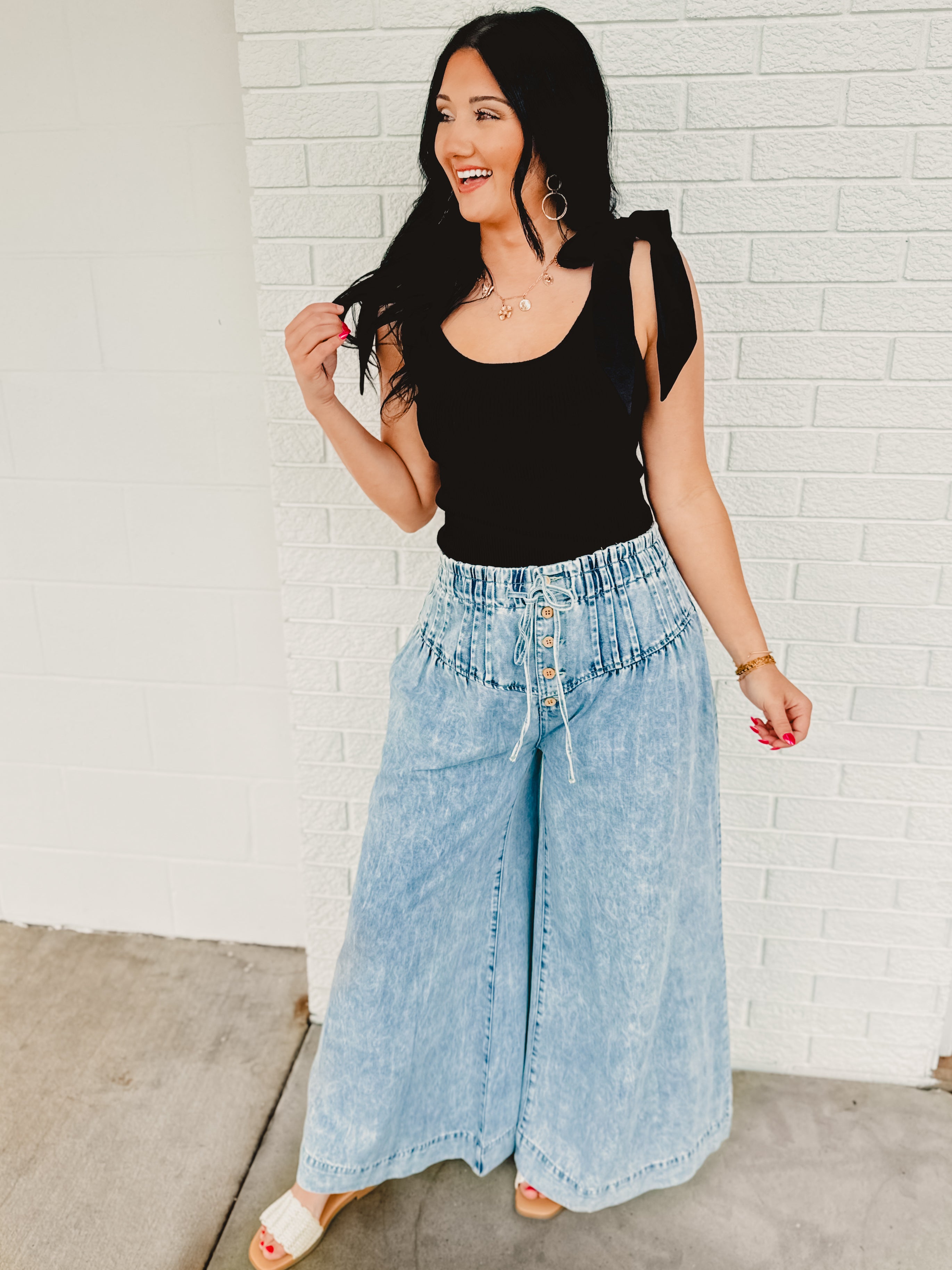 Mineral Washed Pintuck Wide Leg Pants - Light Denim - Lace and Grace Boutique