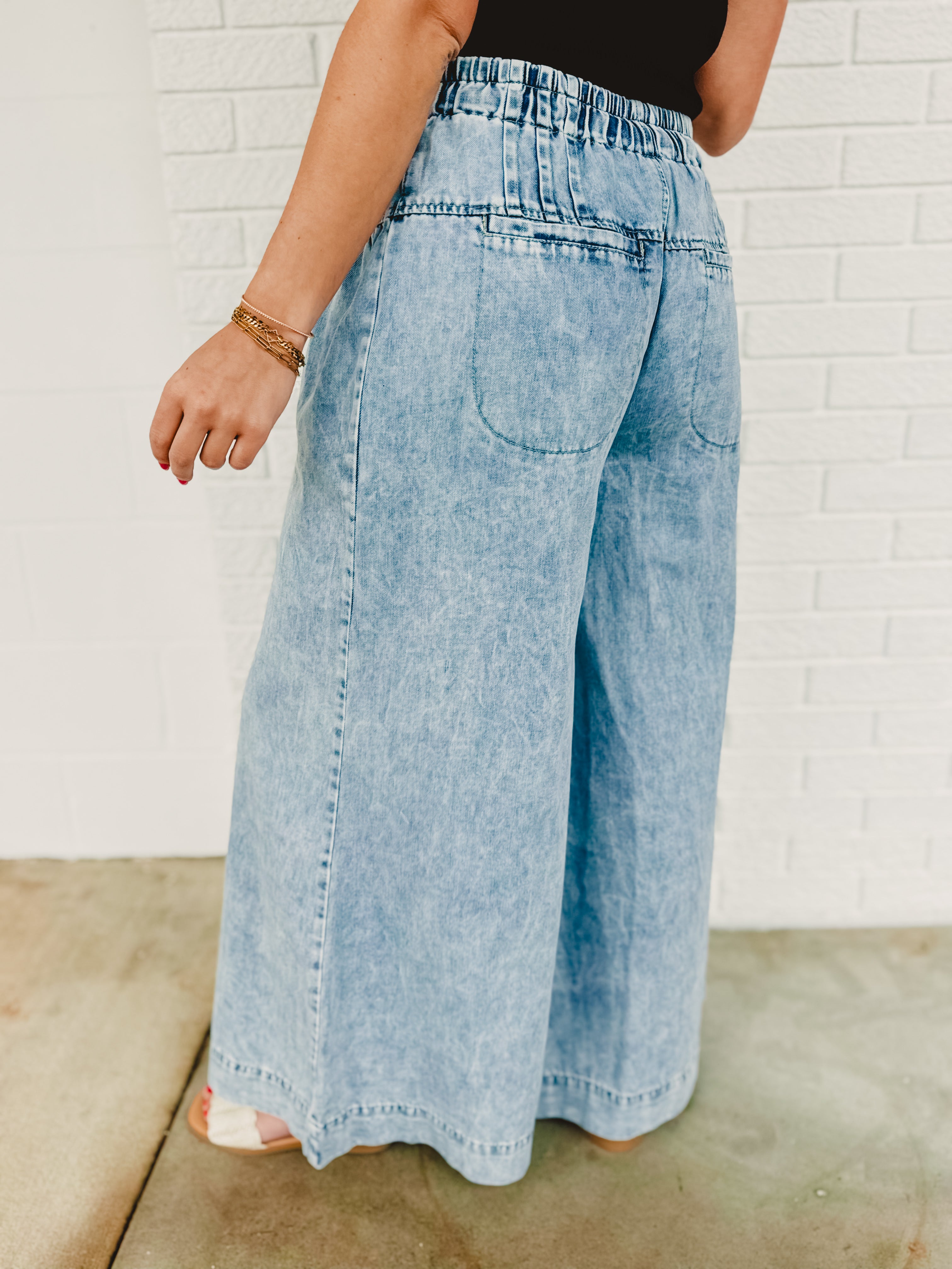 Mineral Washed Pintuck Wide Leg Pants - Light Denim - Lace and Grace Boutique
