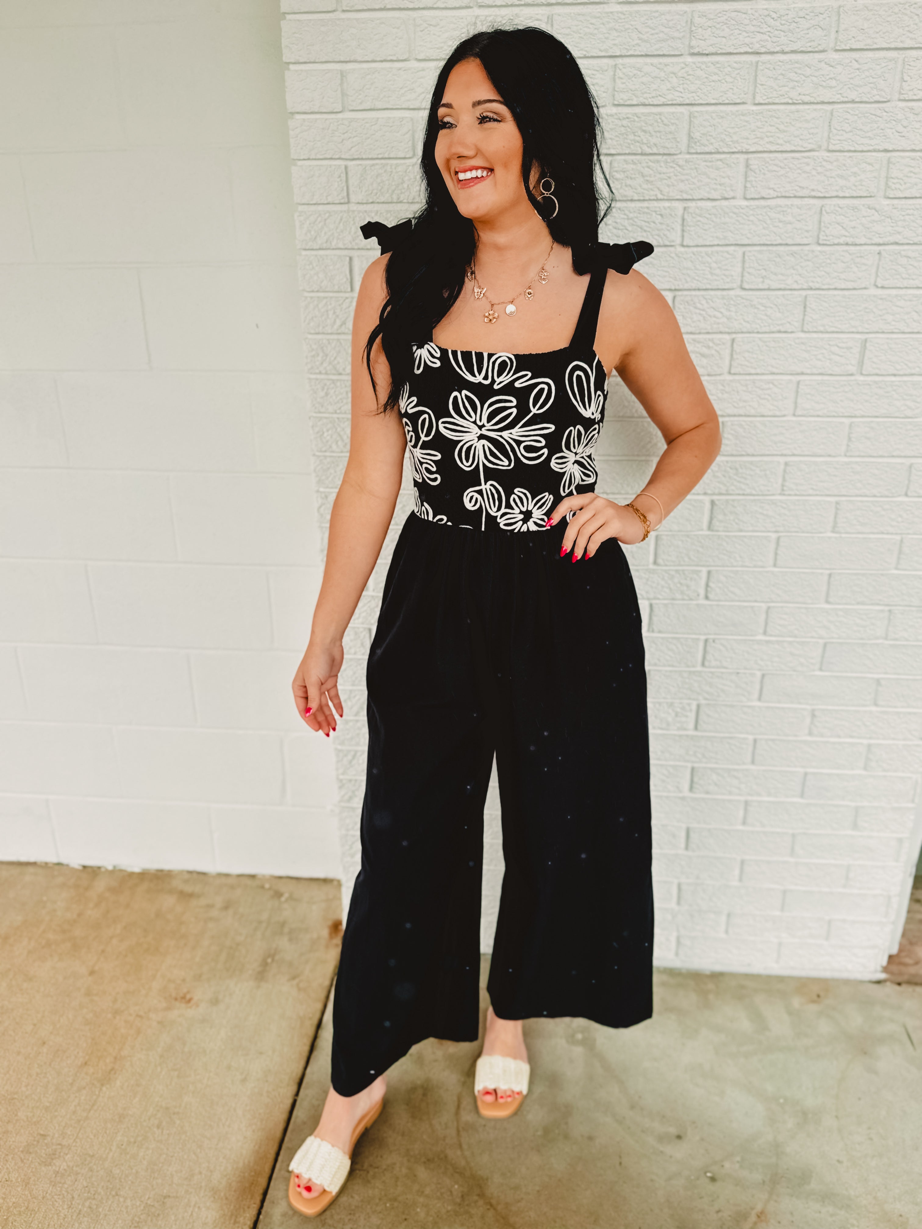 Wide Leg Embroidered Jumpsuit - Black - Lace and Grace Boutique
