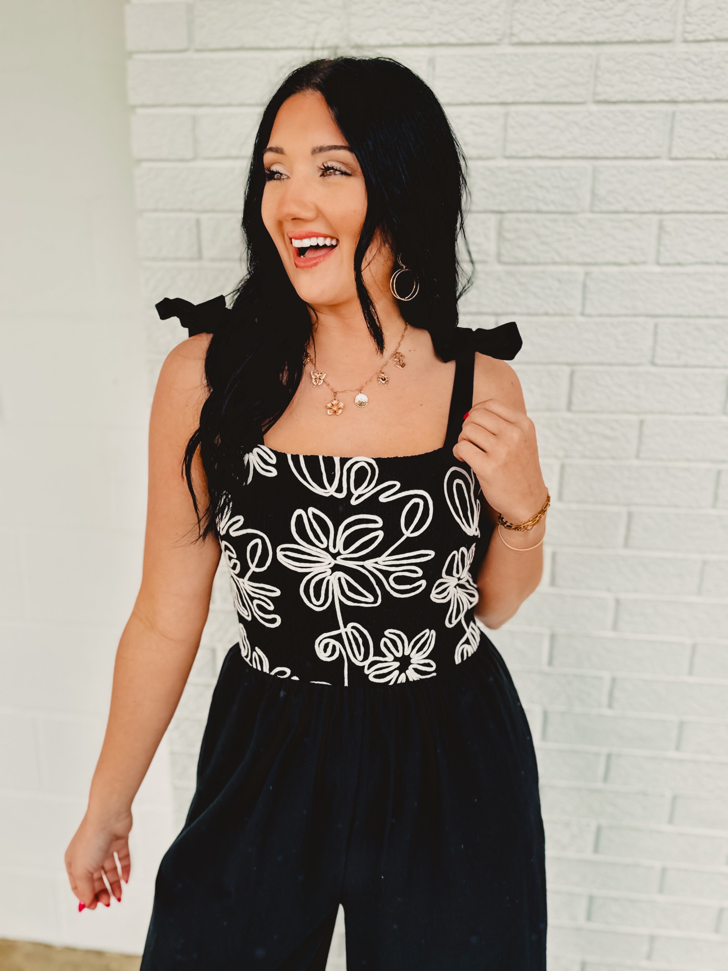 Wide Leg Embroidered Jumpsuit - Black - Lace and Grace Boutique