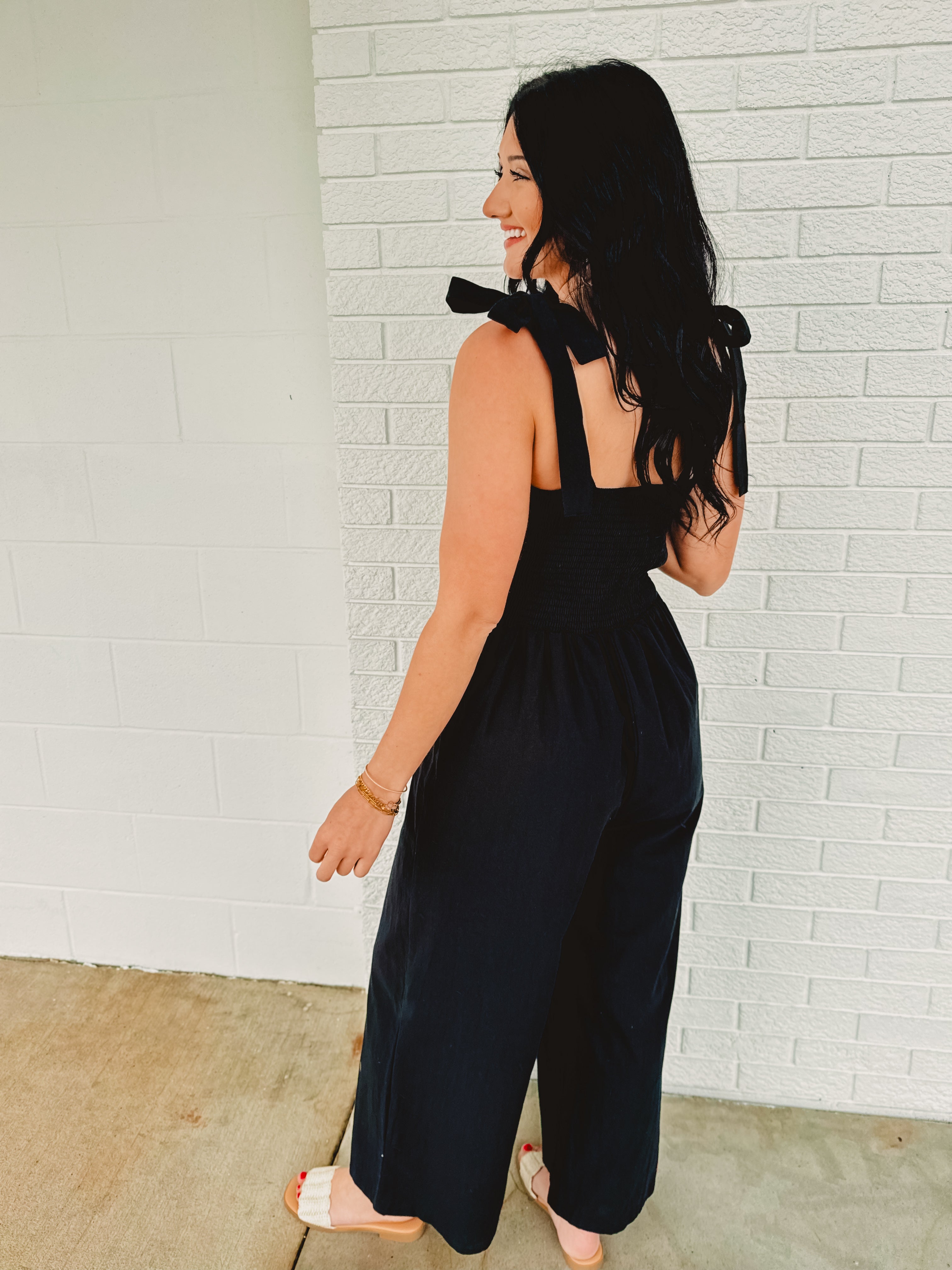 Wide Leg Embroidered Jumpsuit - Black - Lace and Grace Boutique