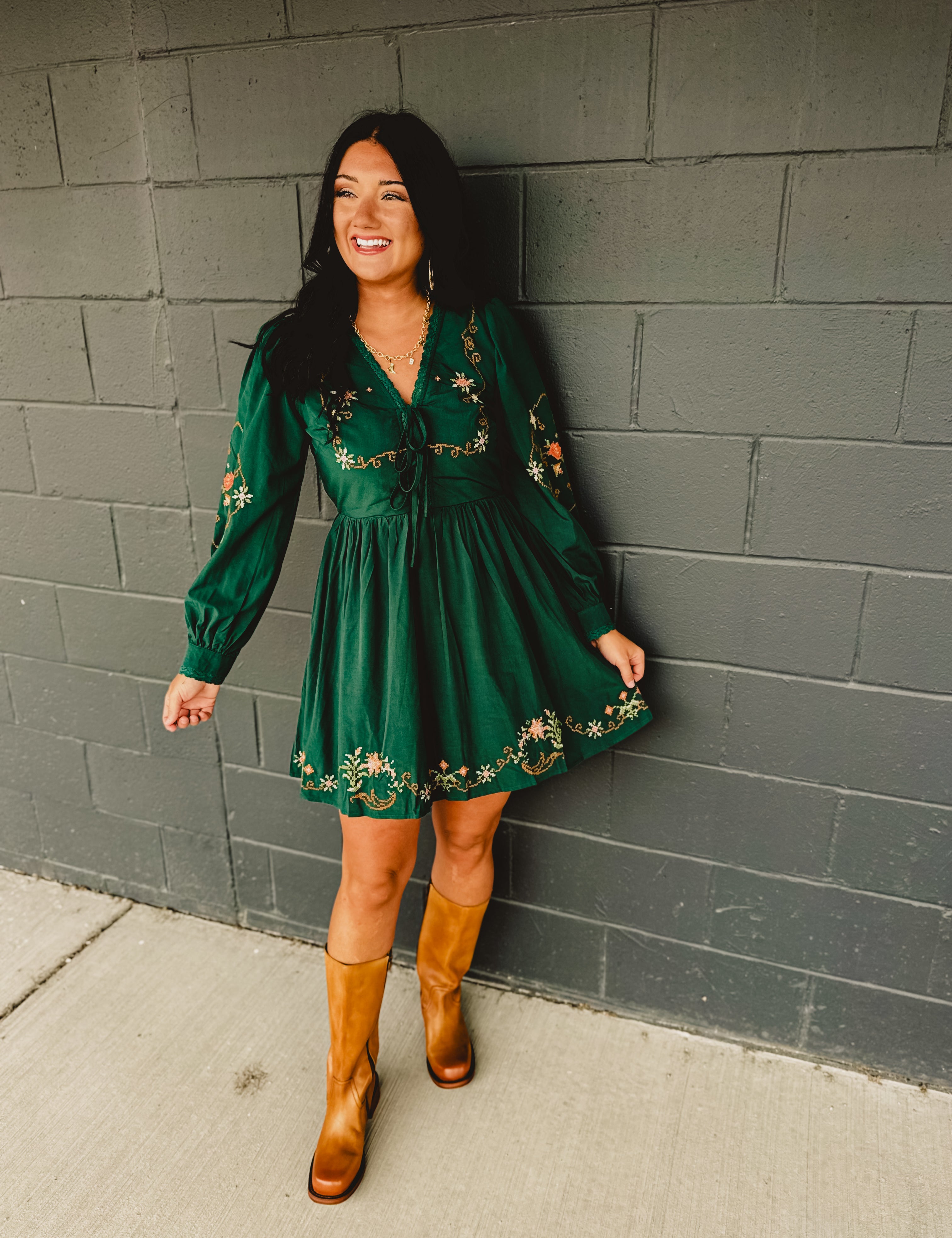 Floral Embroidered Mini Dress - Emerald - Lace and Grace Boutique