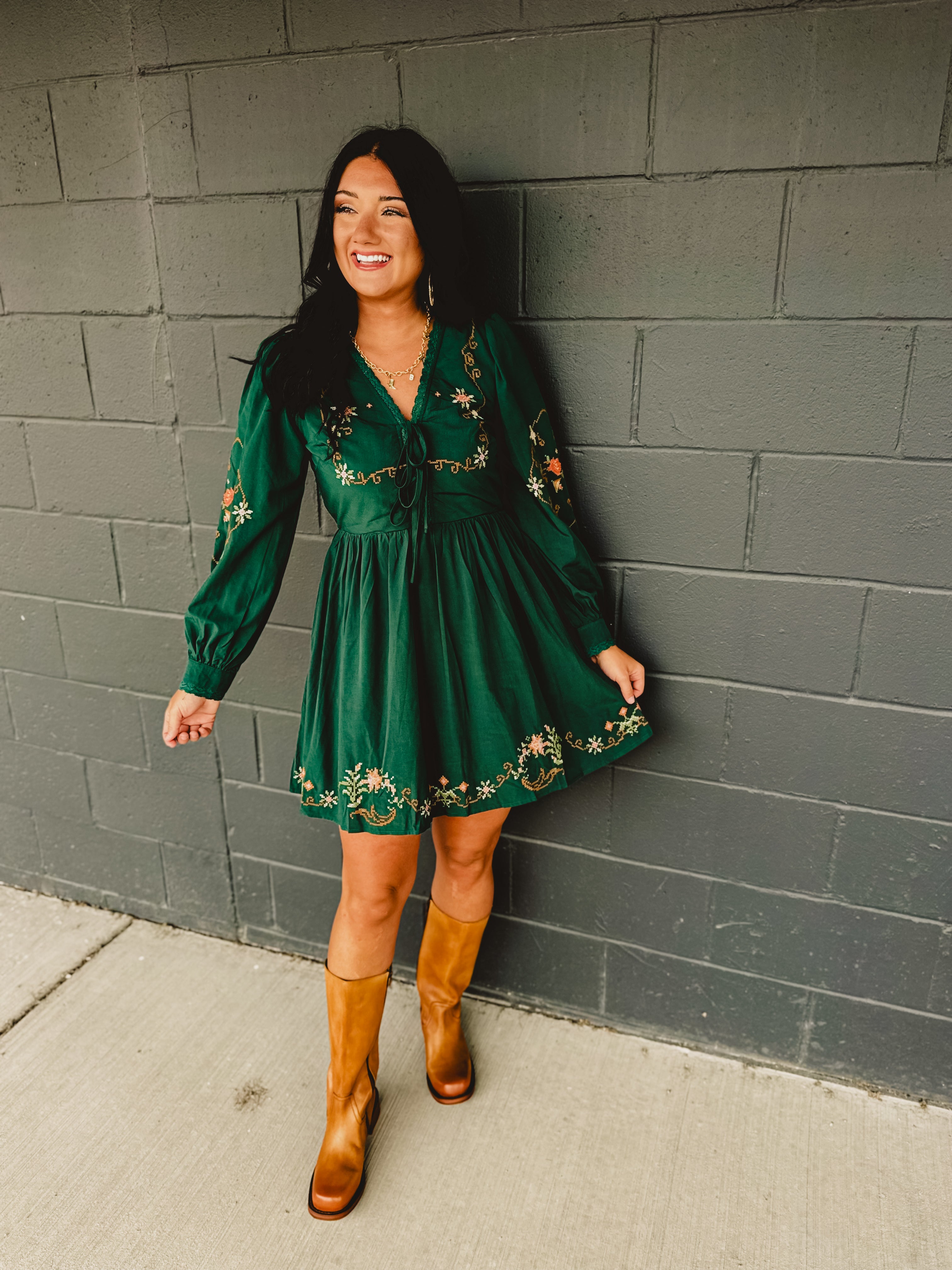 Floral Embroidered Mini Dress - Emerald - Lace and Grace Boutique