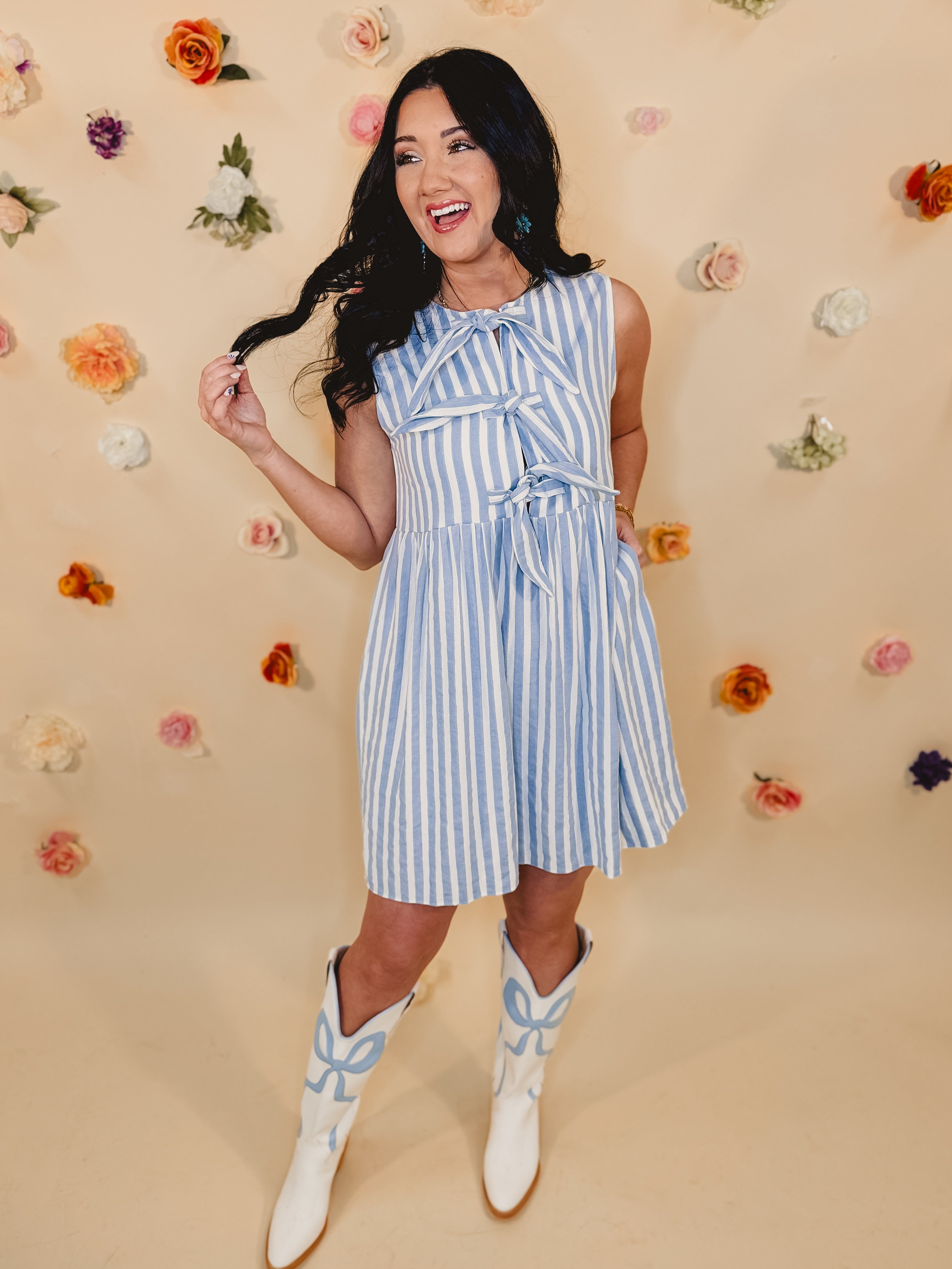 Striped Bow Mini Dress - Light Blue - Lace and Grace Boutique