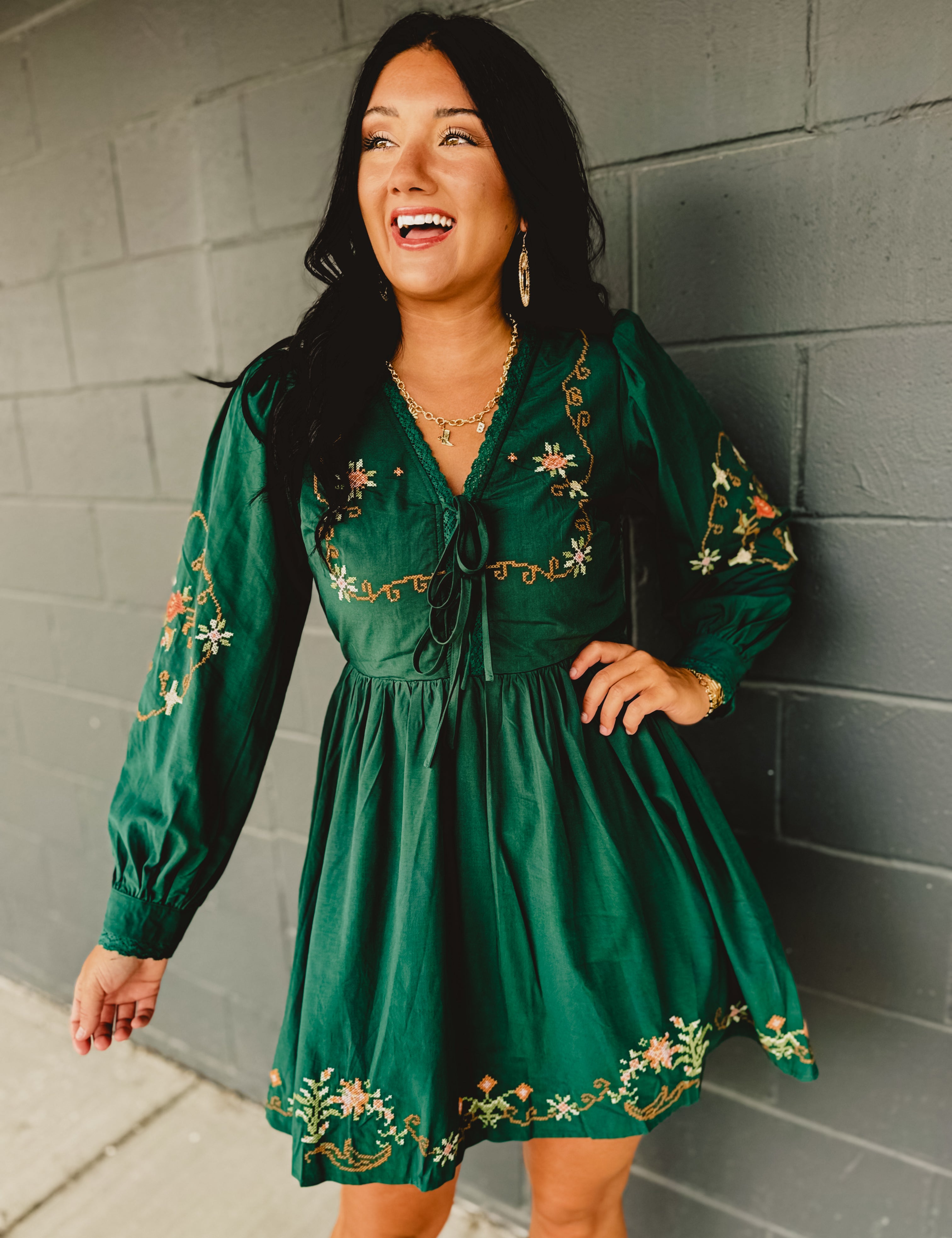 Floral Embroidered Mini Dress - Emerald - Lace and Grace Boutique