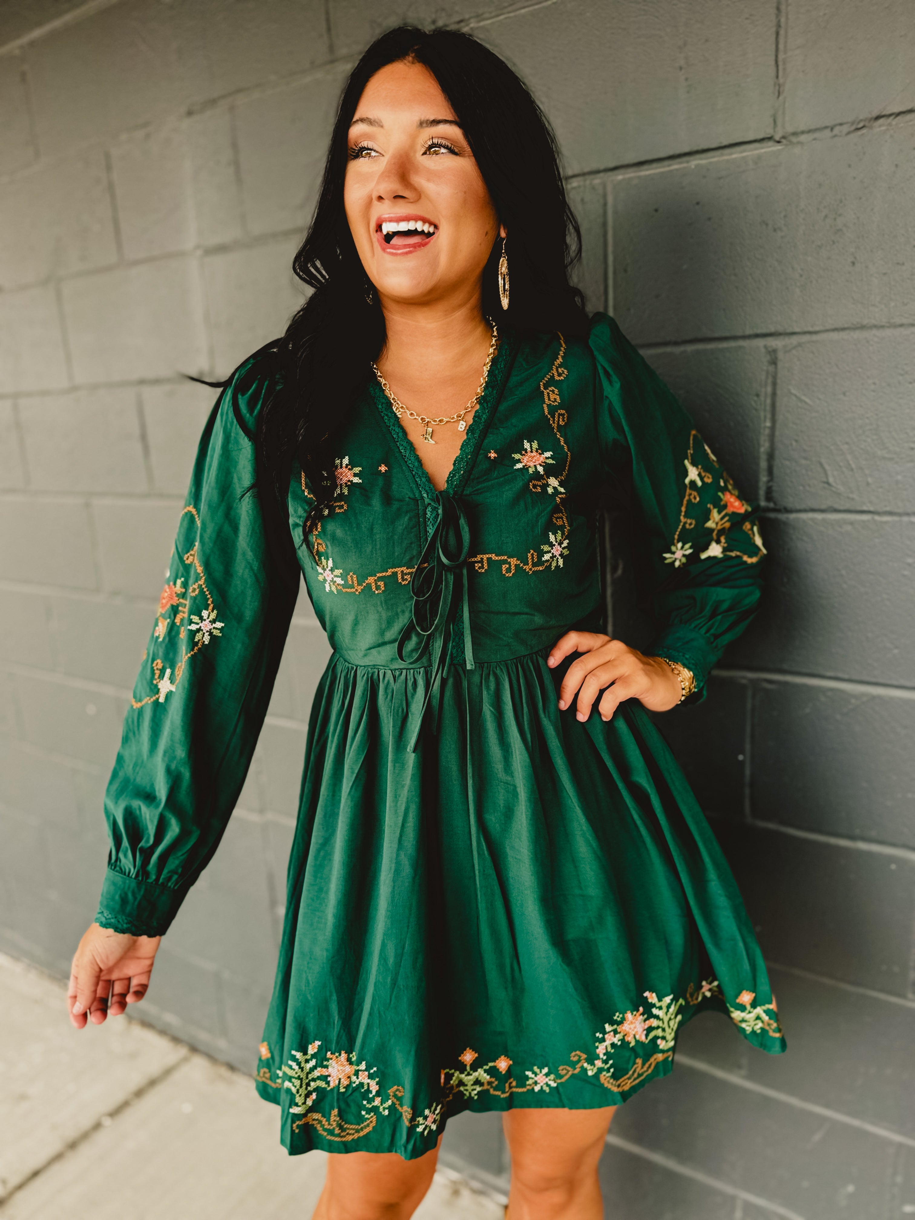 Floral Embroidered Mini Dress - Emerald - Lace and Grace Boutique