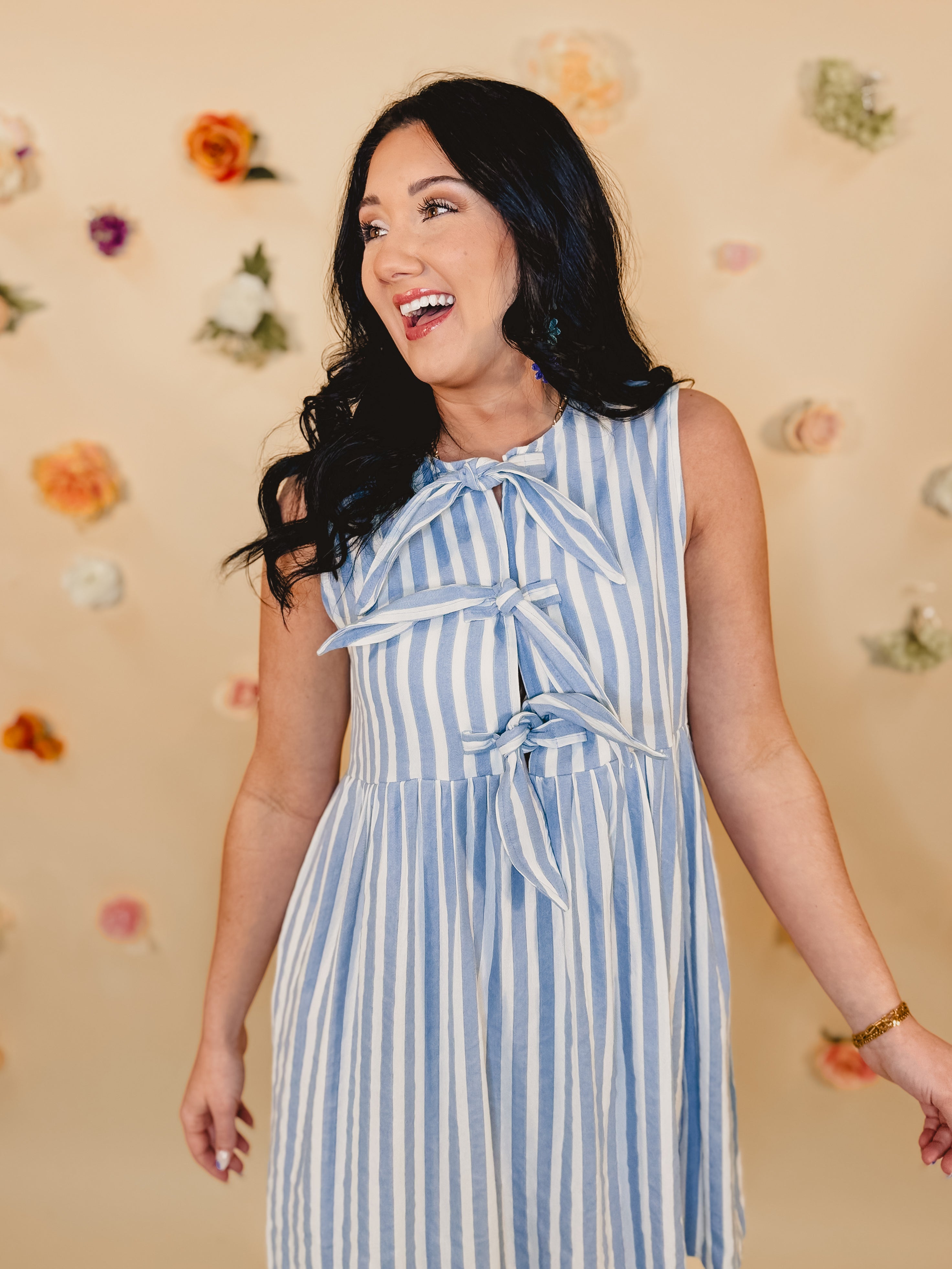Striped Bow Mini Dress - Light Blue - Lace and Grace Boutique