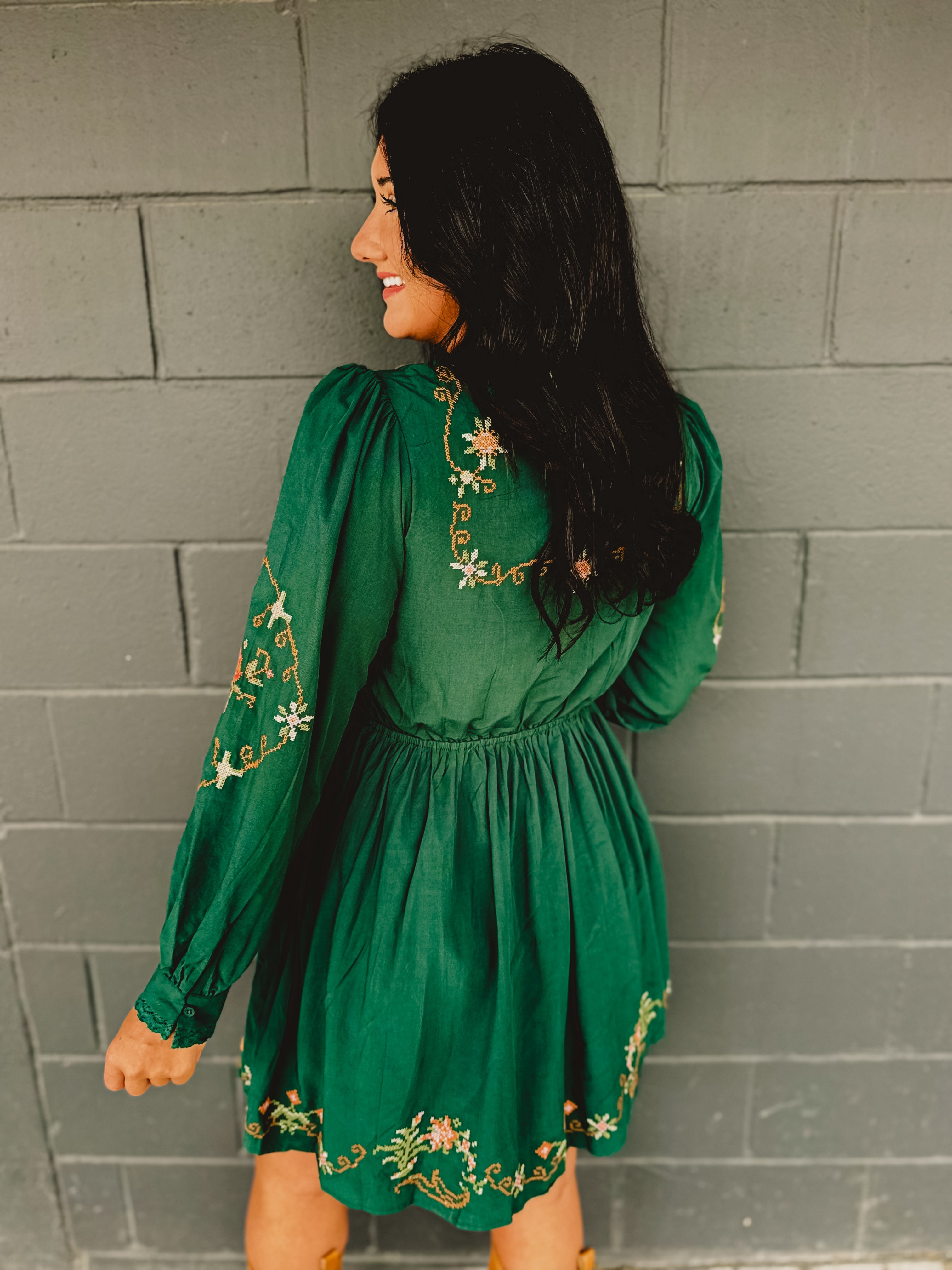 Floral Embroidered Mini Dress - Emerald - Lace and Grace Boutique