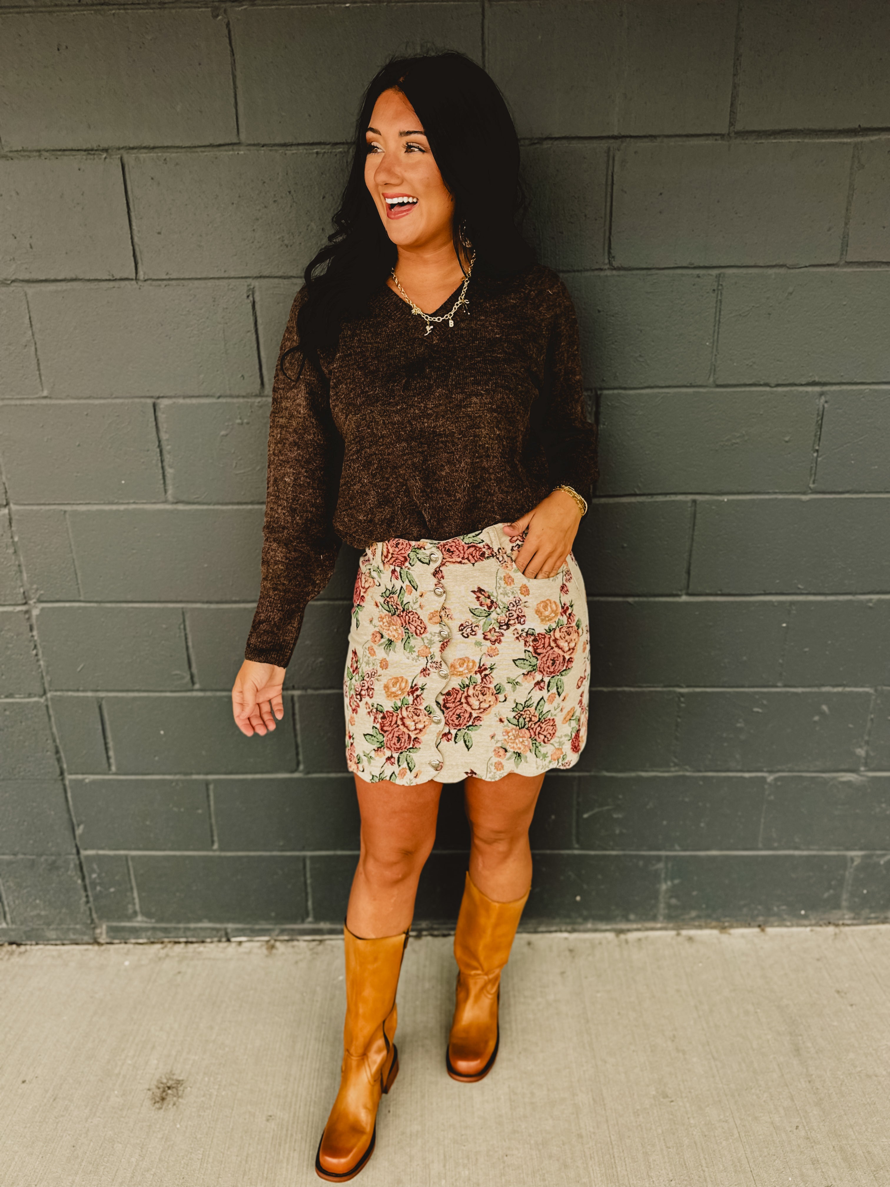 Floral Jacquard Scallop Edge Mini Skirt - Lace and Grace Boutique