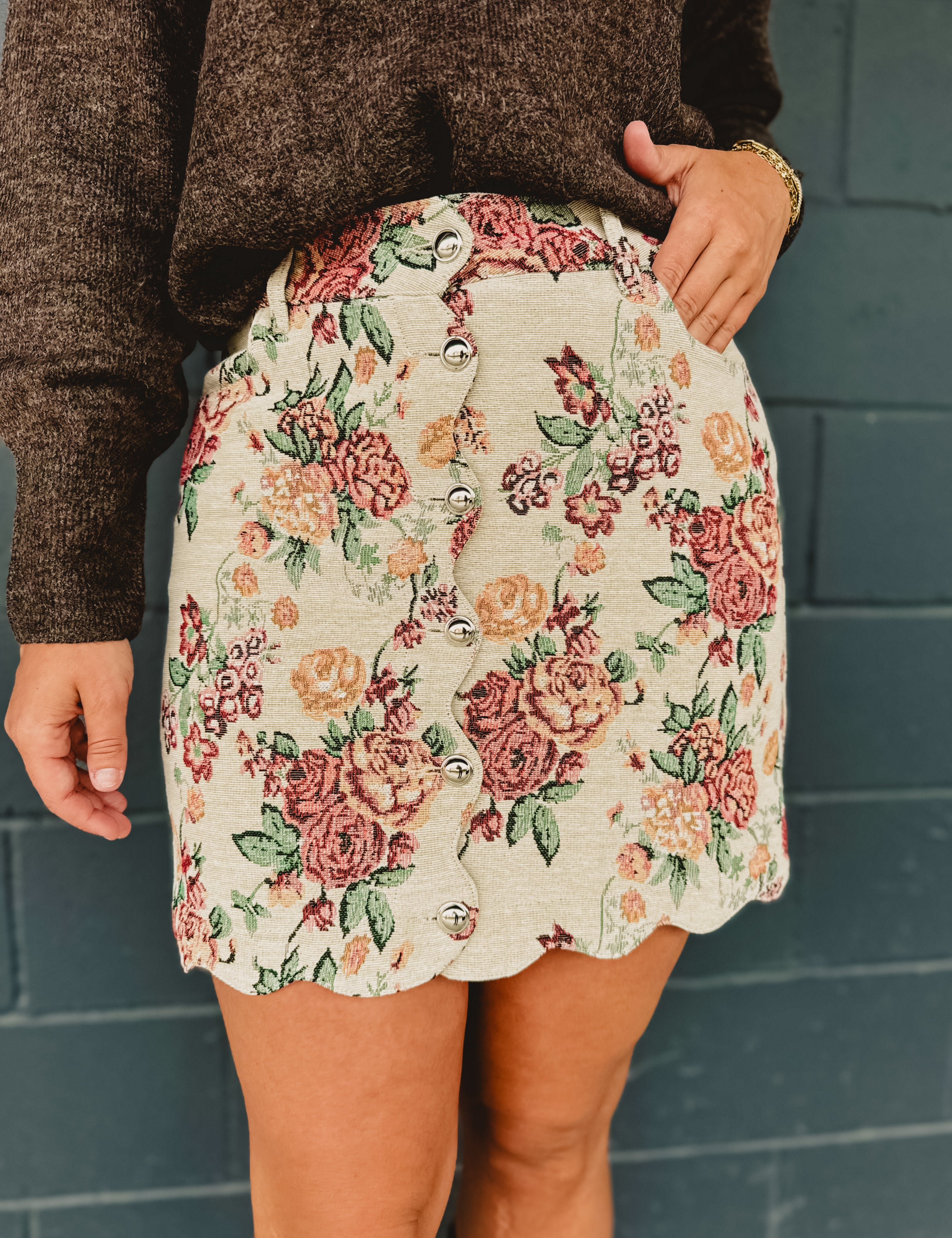 Floral Jacquard Scallop Edge Mini Skirt - Lace and Grace Boutique