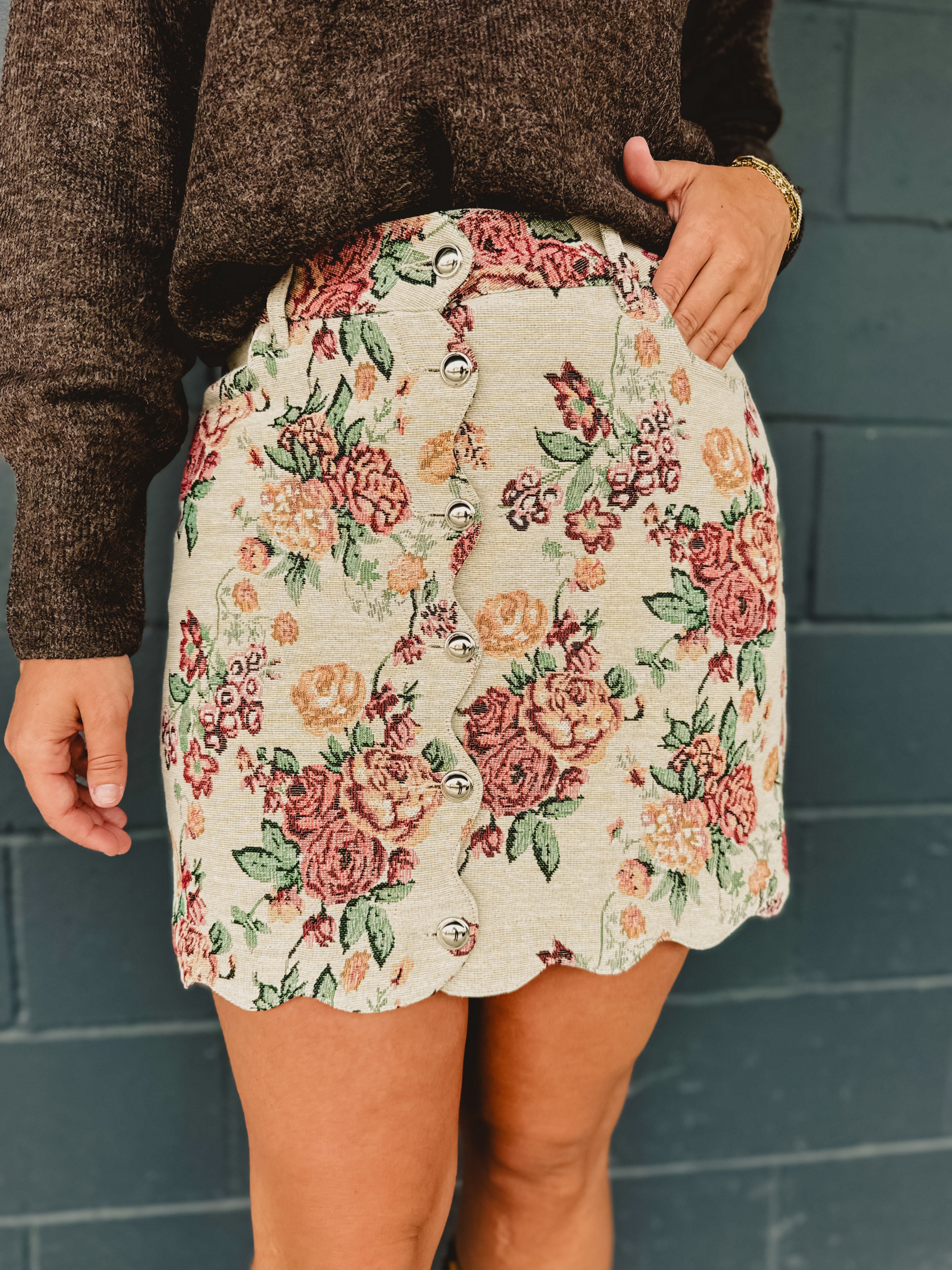 Floral Jacquard Scallop Edge Mini Skirt - Lace and Grace Boutique
