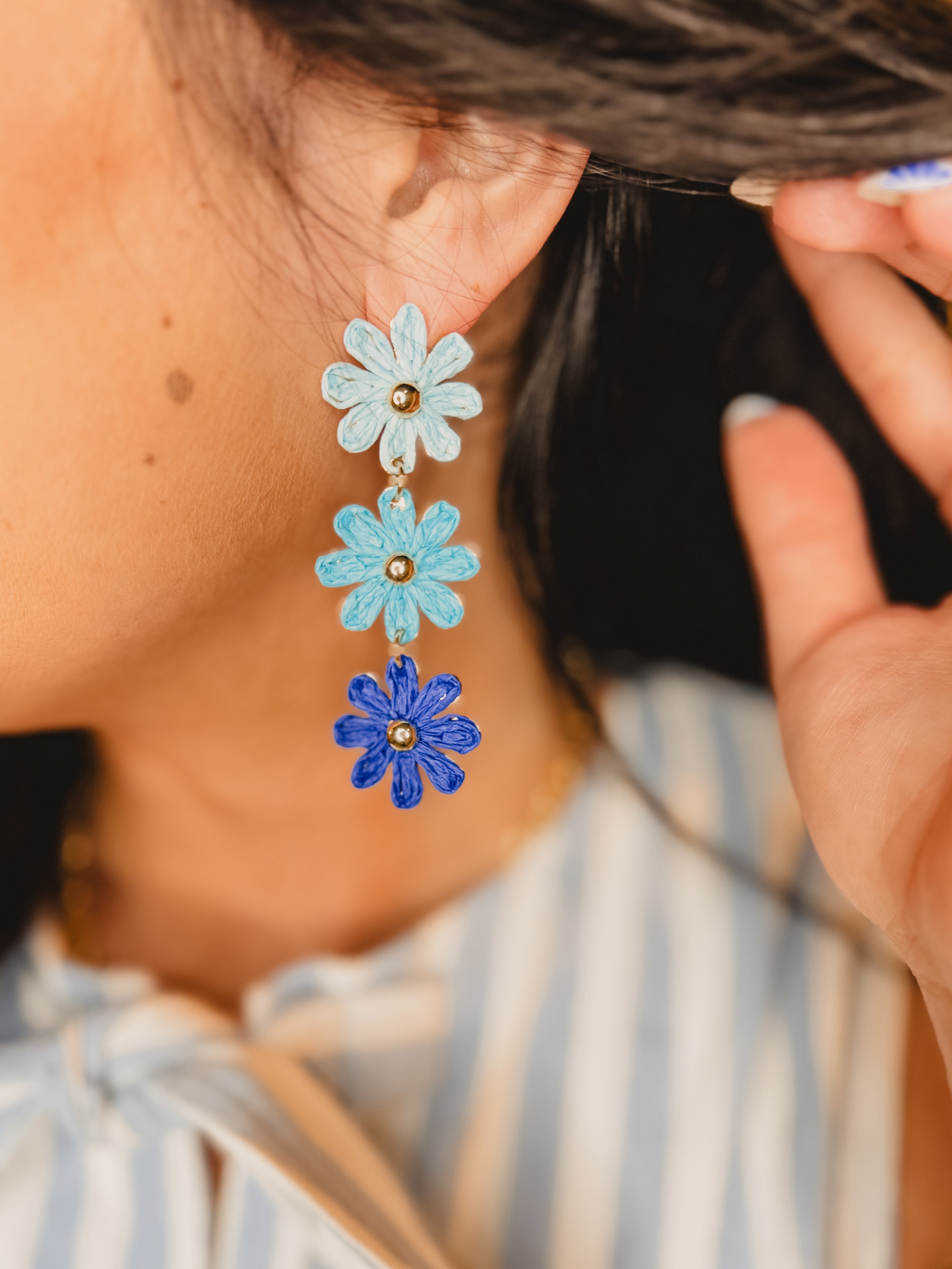 Raffia Flower Earrings - Blue - Lace and Grace Boutique