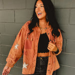POL Denim Star Patch Balloon Sleeve Top - Terra Cotta - Lace and Grace Boutique