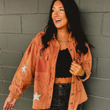 POL Denim Star Patch Balloon Sleeve Top - Terra Cotta - Lace and Grace Boutique
