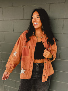 POL Denim Star Patch Balloon Sleeve Top - Terra Cotta - Lace and Grace Boutique
