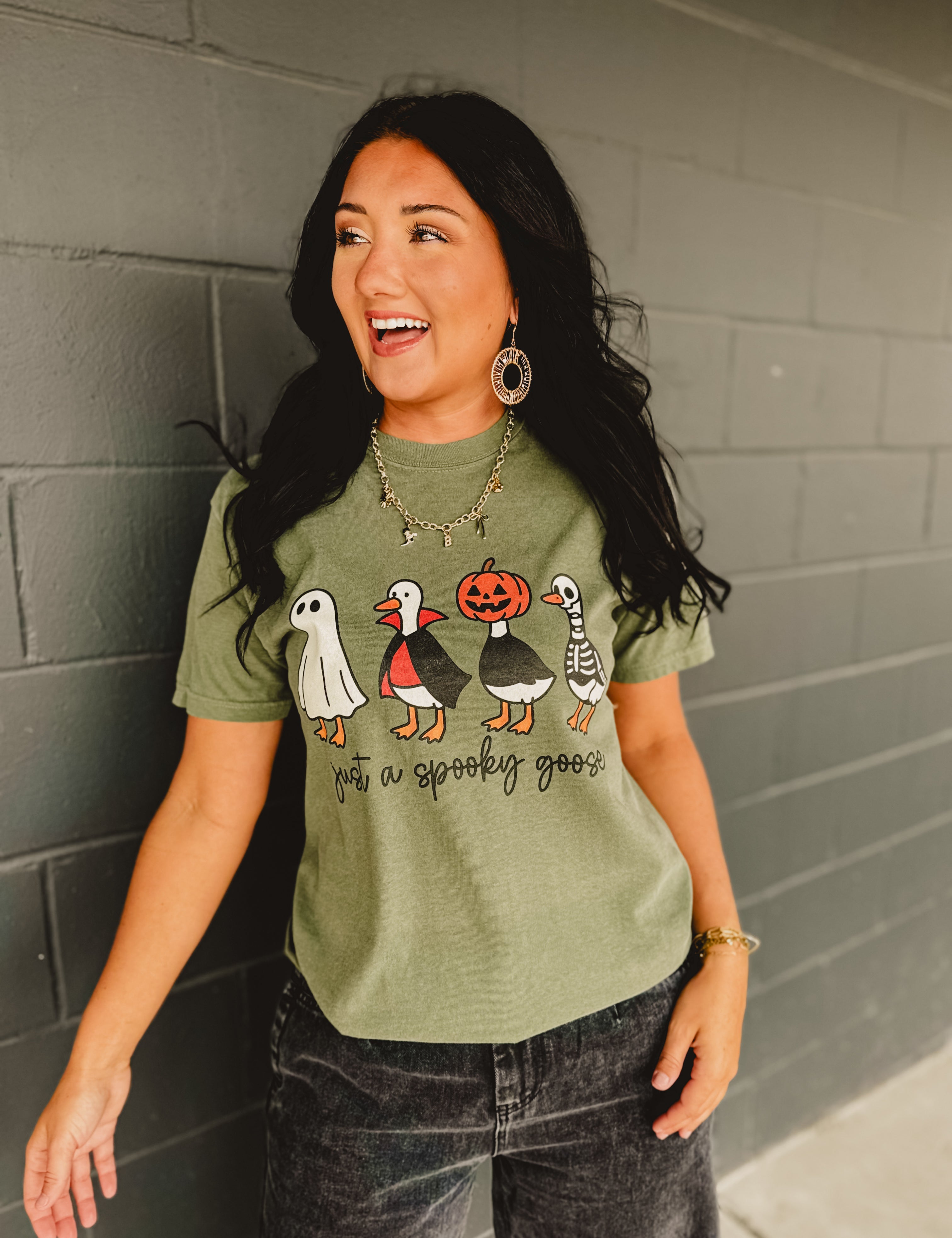 Just A Spooky Goose Graphic Tee - Moss Green - Lace and Grace Boutique
