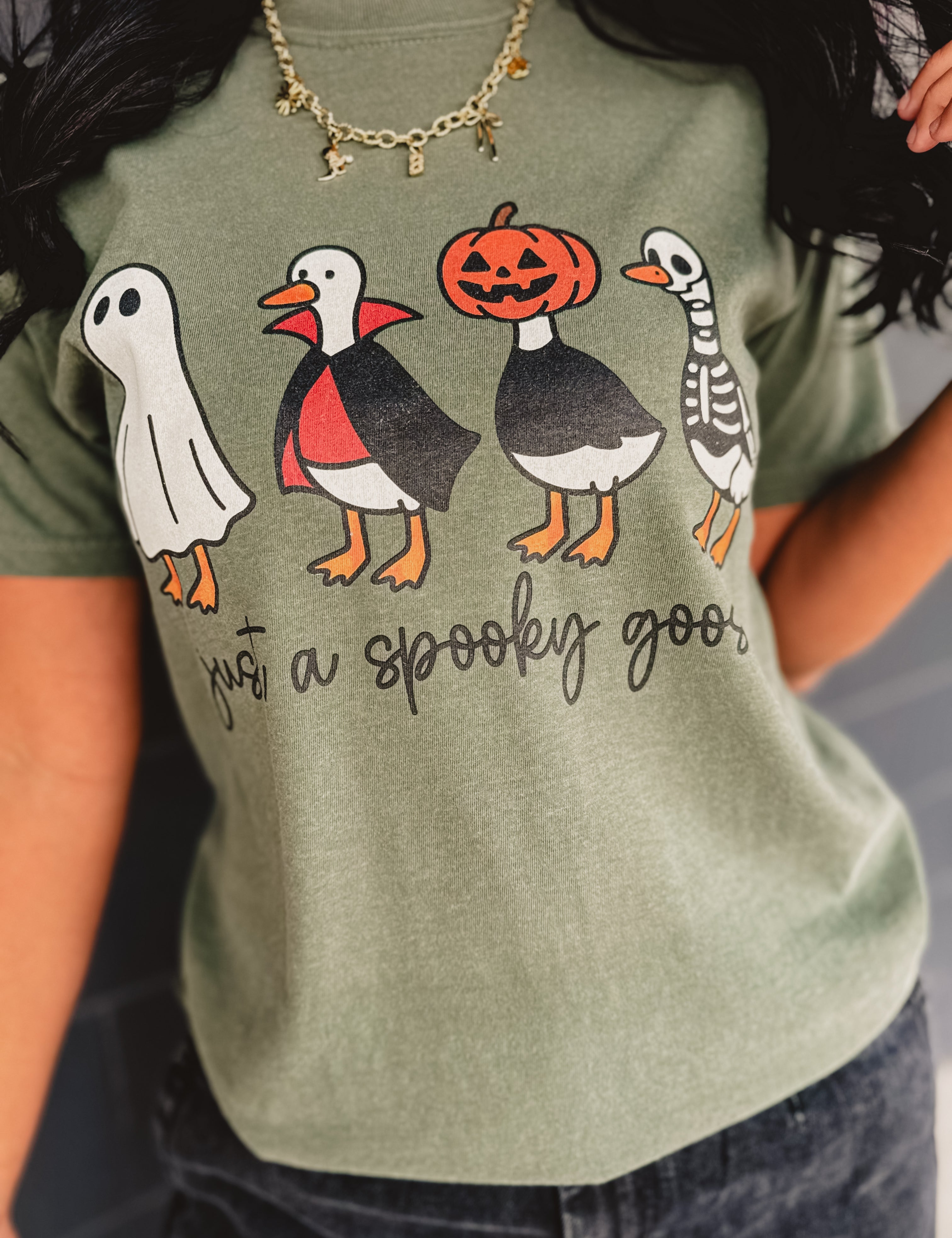 Just A Spooky Goose Graphic Tee - Moss Green - Lace and Grace Boutique