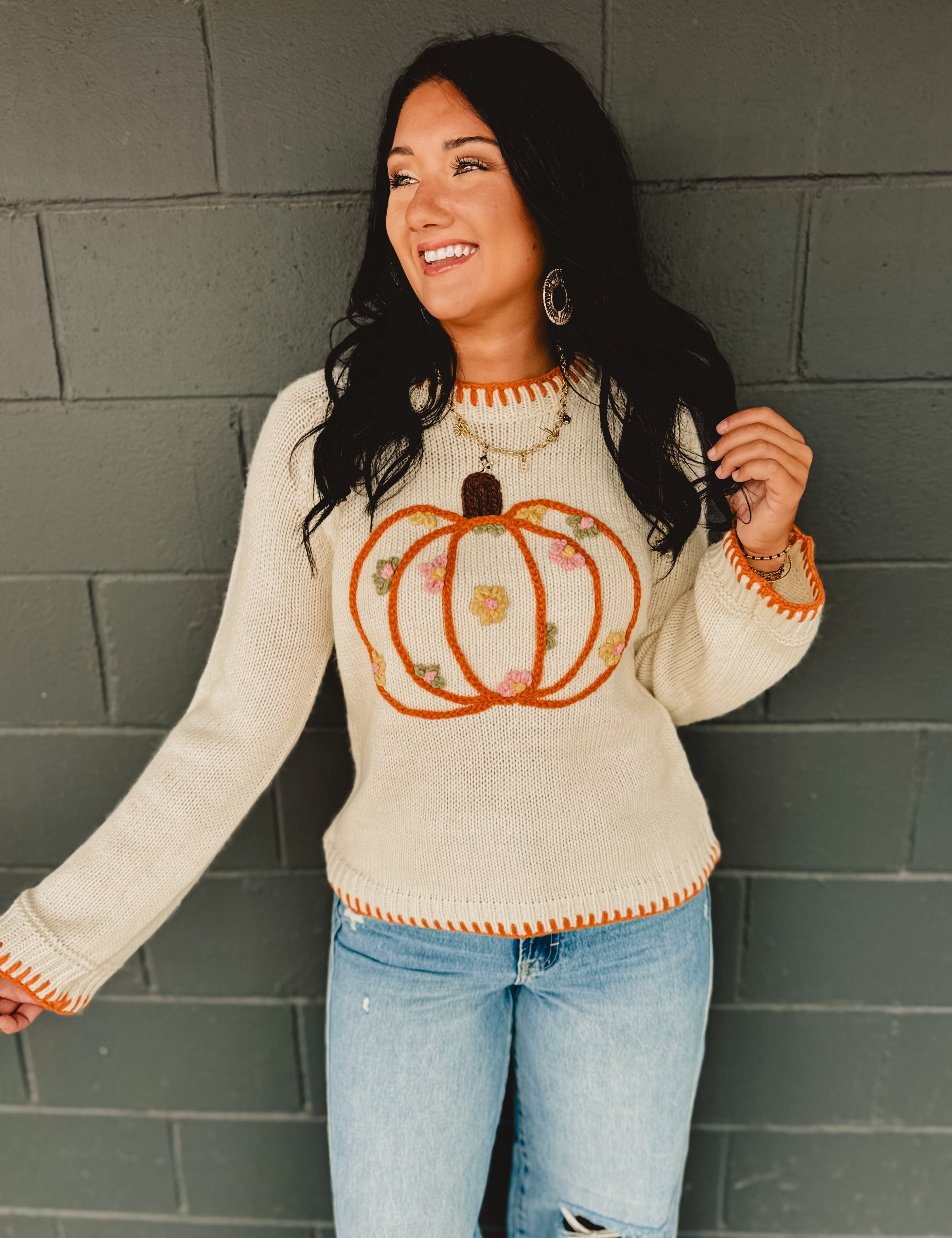 Pumpkin Floral Embroidered Sweater - Ivory - Lace and Grace Boutique