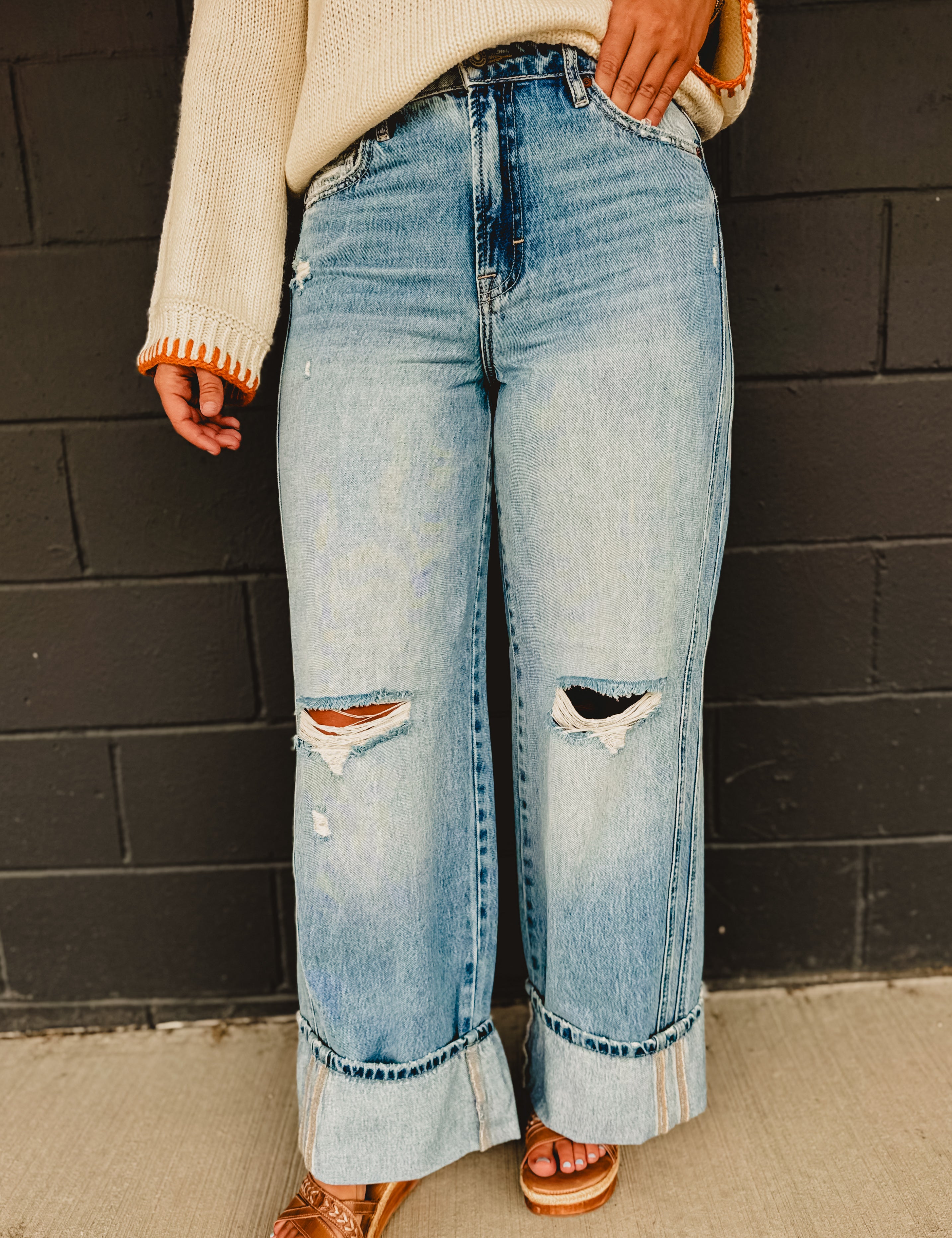 Hidden Cuffed Classic Distressed Wide Leg Jeans - Medium Wash - Lace and Grace Boutique