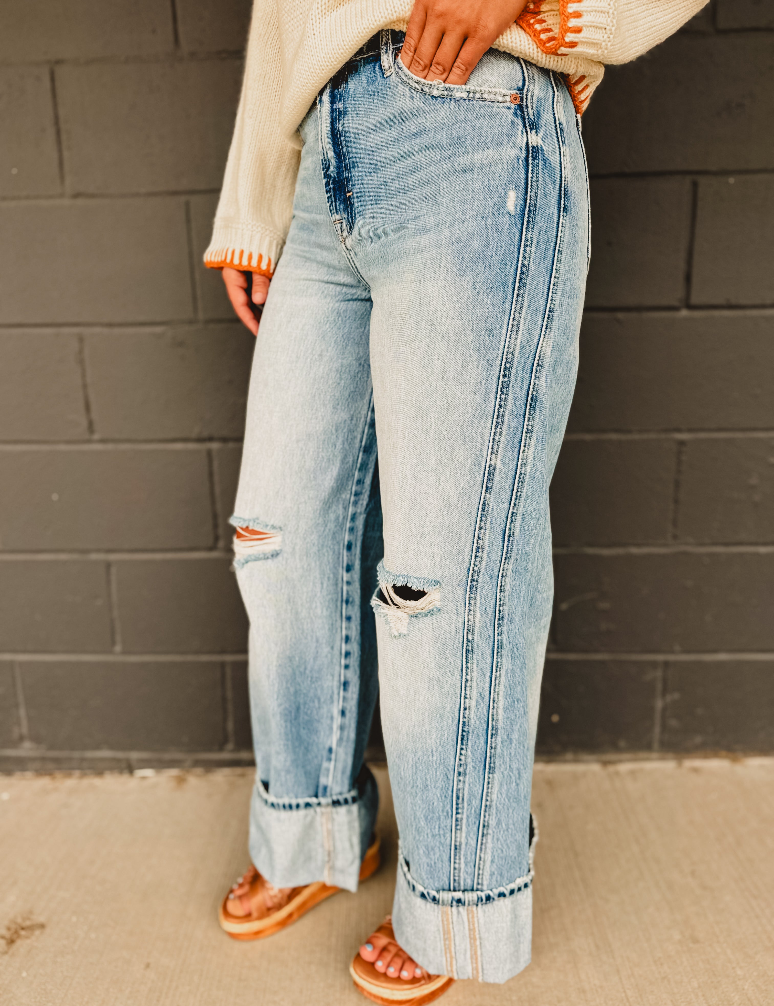 Hidden Cuffed Classic Distressed Wide Leg Jeans - Medium Wash - Lace and Grace Boutique