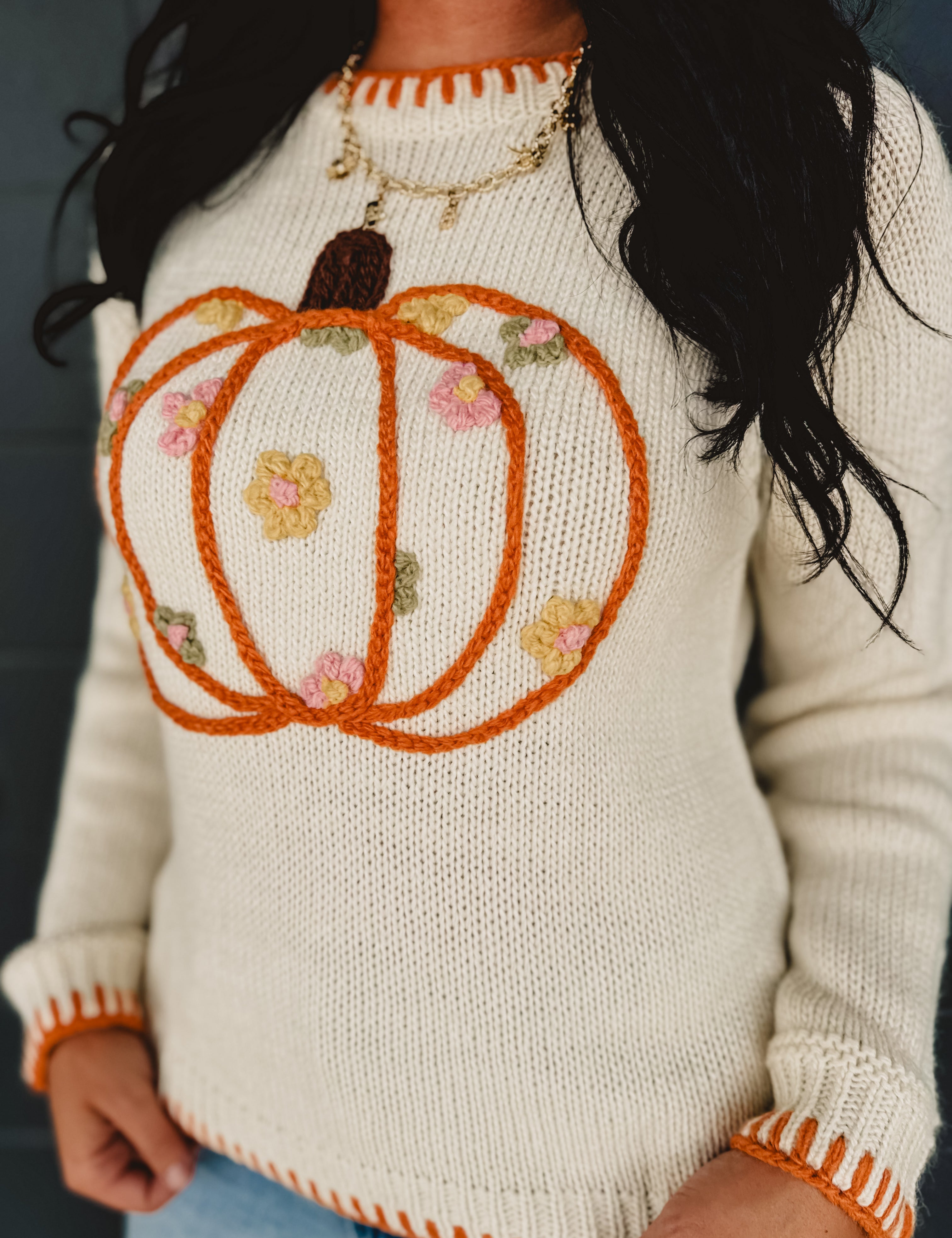 Pumpkin Floral Embroidered Sweater - Ivory - Lace and Grace Boutique
