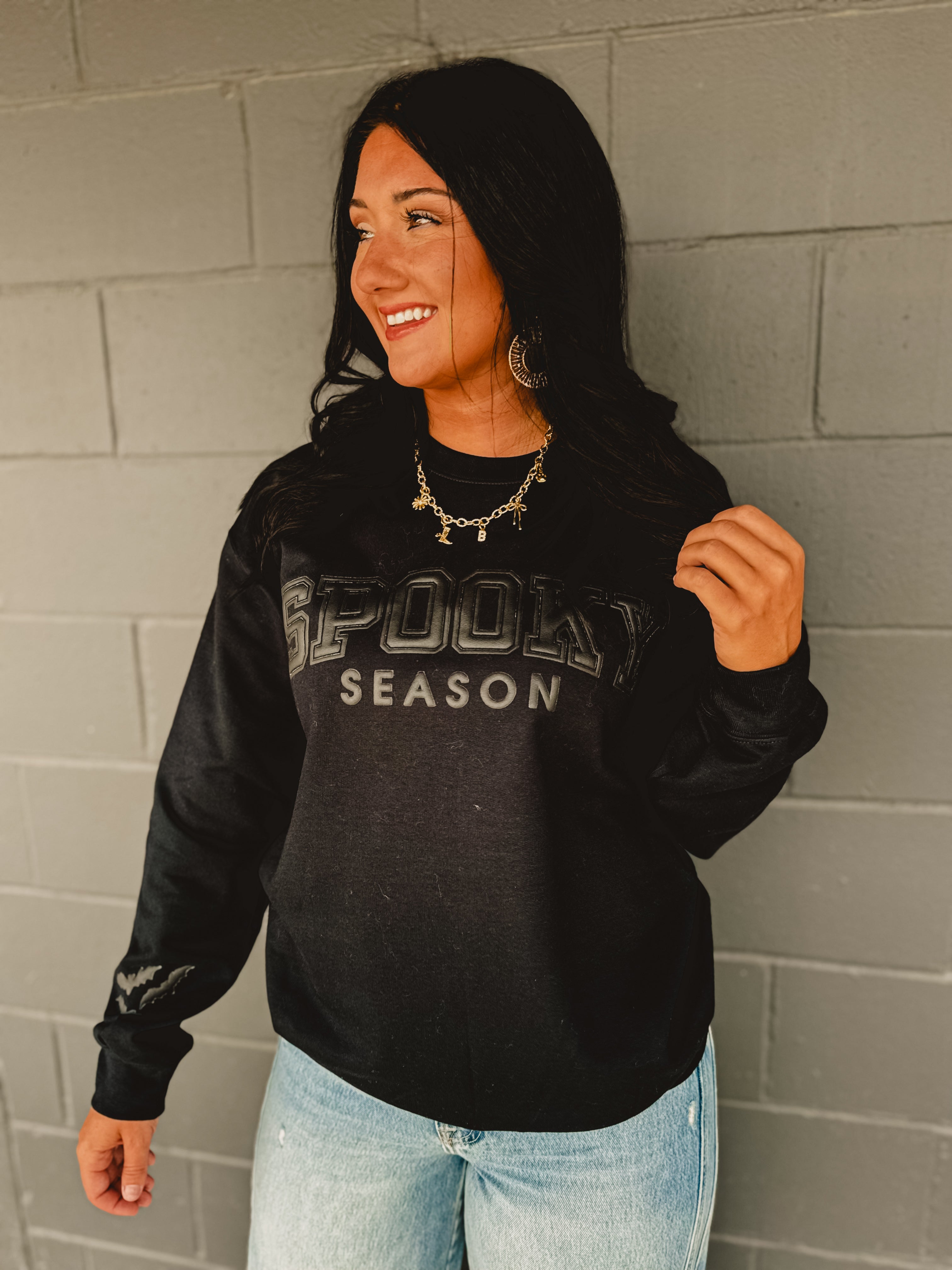 Spooky Season Puff Crewneck Sweatshirt - Black - Lace and Grace Boutique
