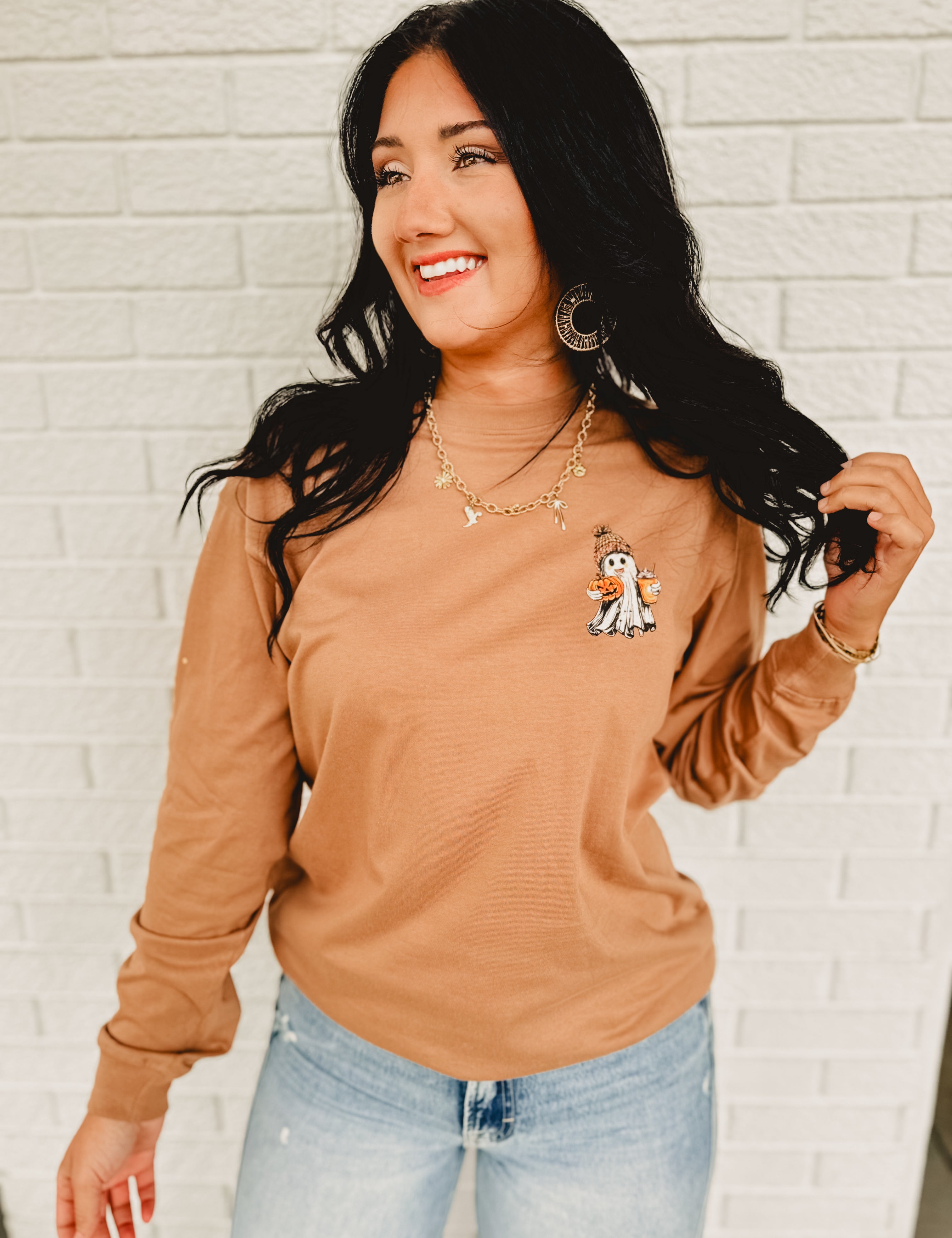 Simply Southern Long Sleeve Ghost Tee - Brown - Lace and Grace Boutique