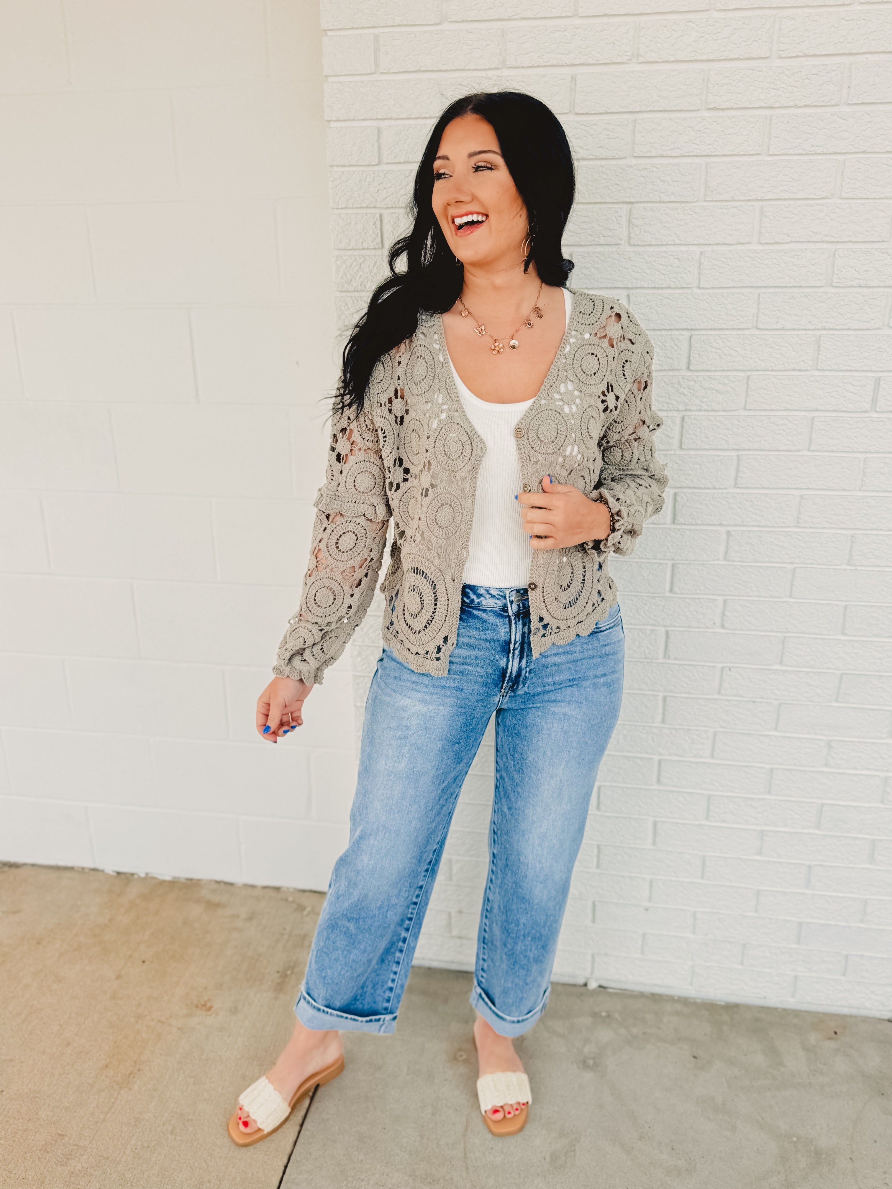 Delicate Crochet Long Sleeve Cardigan - Dove Grey - Lace and Grace Boutique