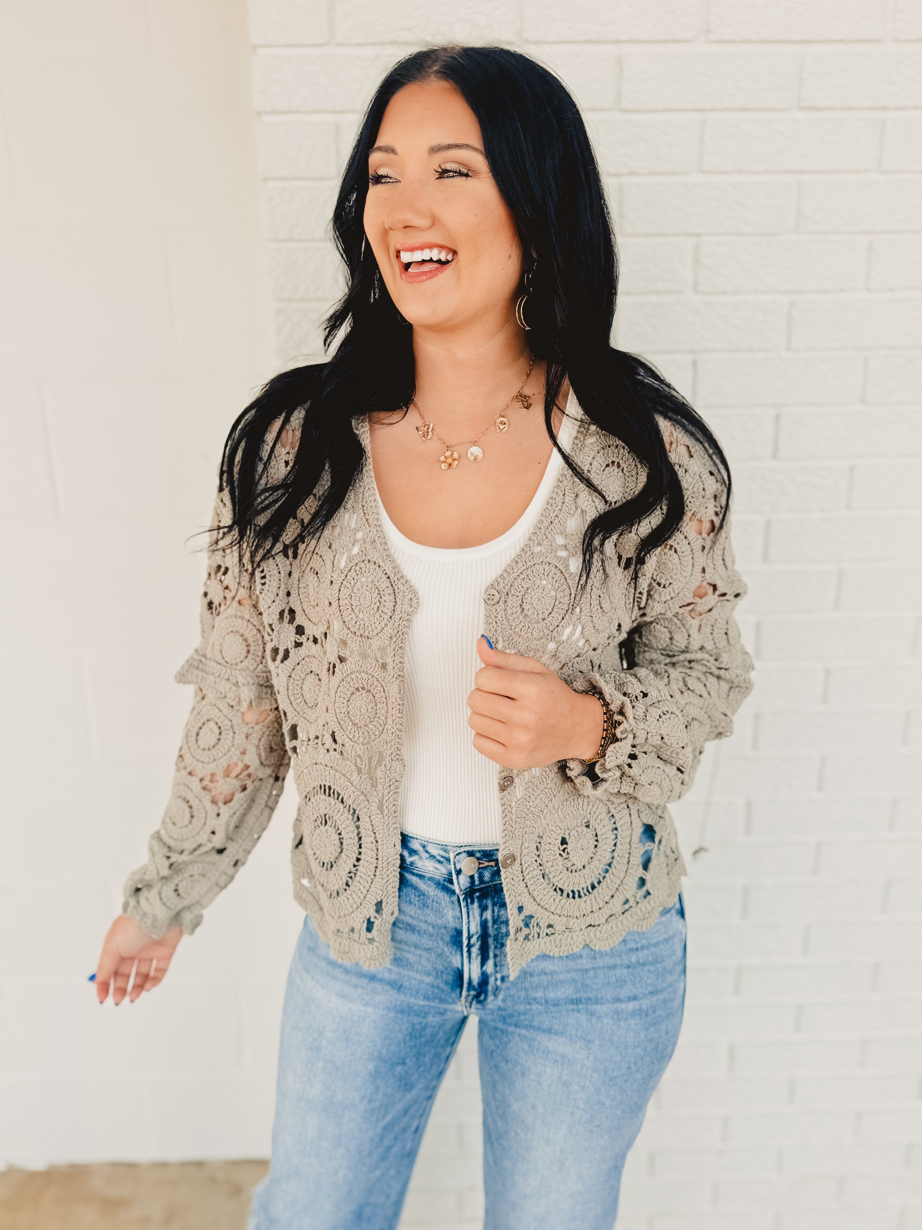 Delicate Crochet Long Sleeve Cardigan - Dove Grey - Lace and Grace Boutique