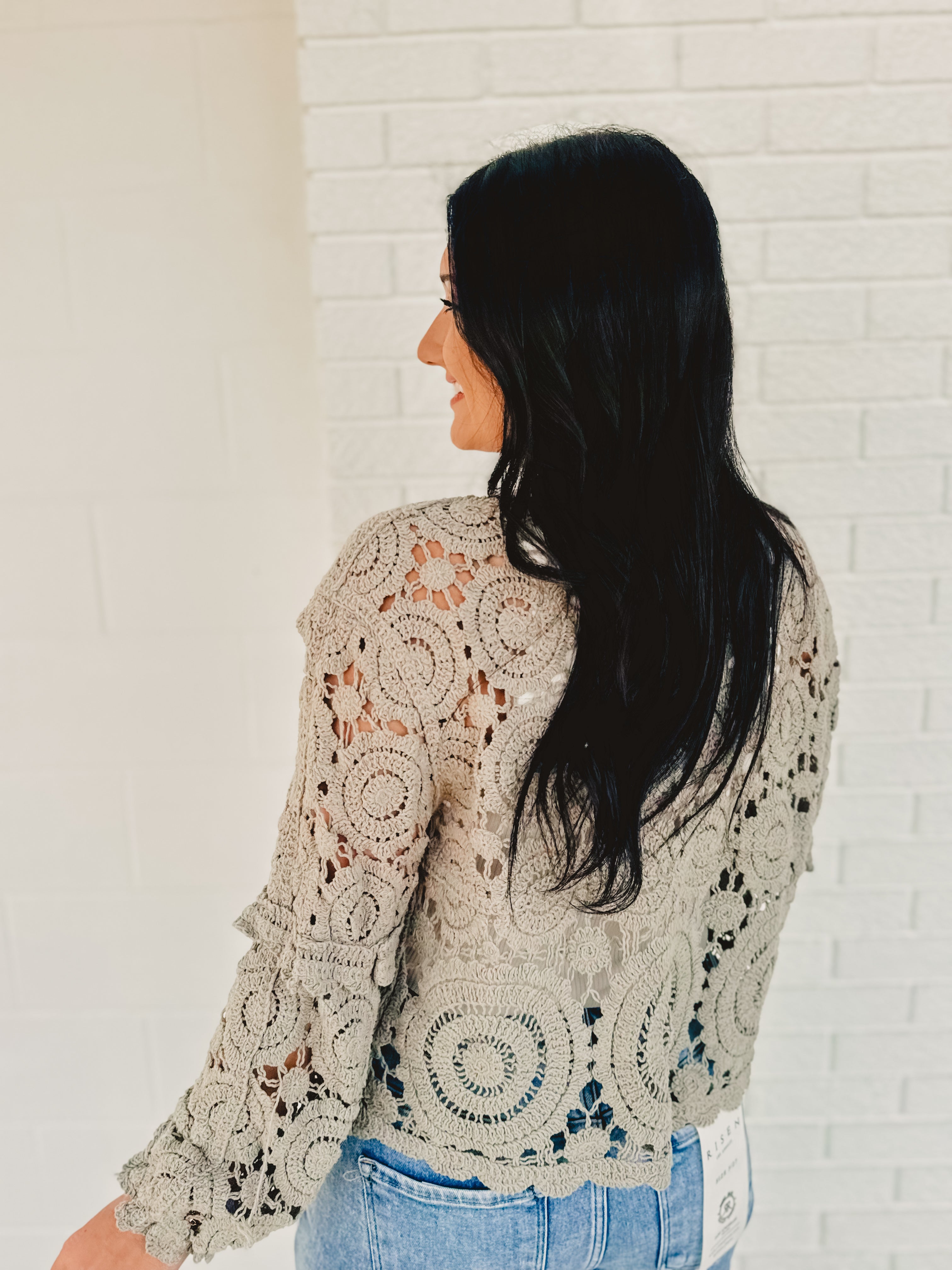 Delicate Crochet Long Sleeve Cardigan - Dove Grey - Lace and Grace Boutique