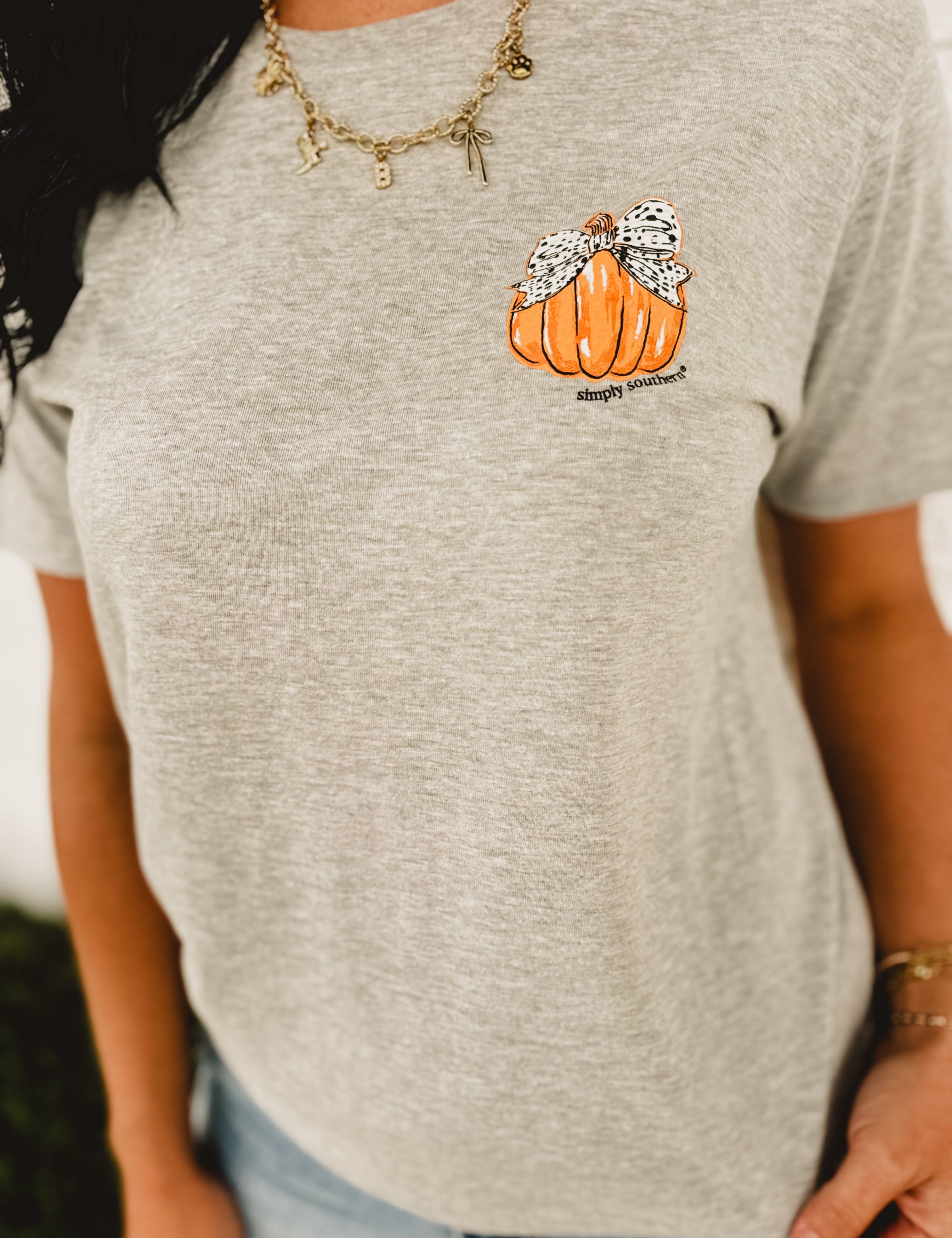 Simply Southern Pumpkin Bow Graphic Tee - Grey - Lace and Grace Boutique
