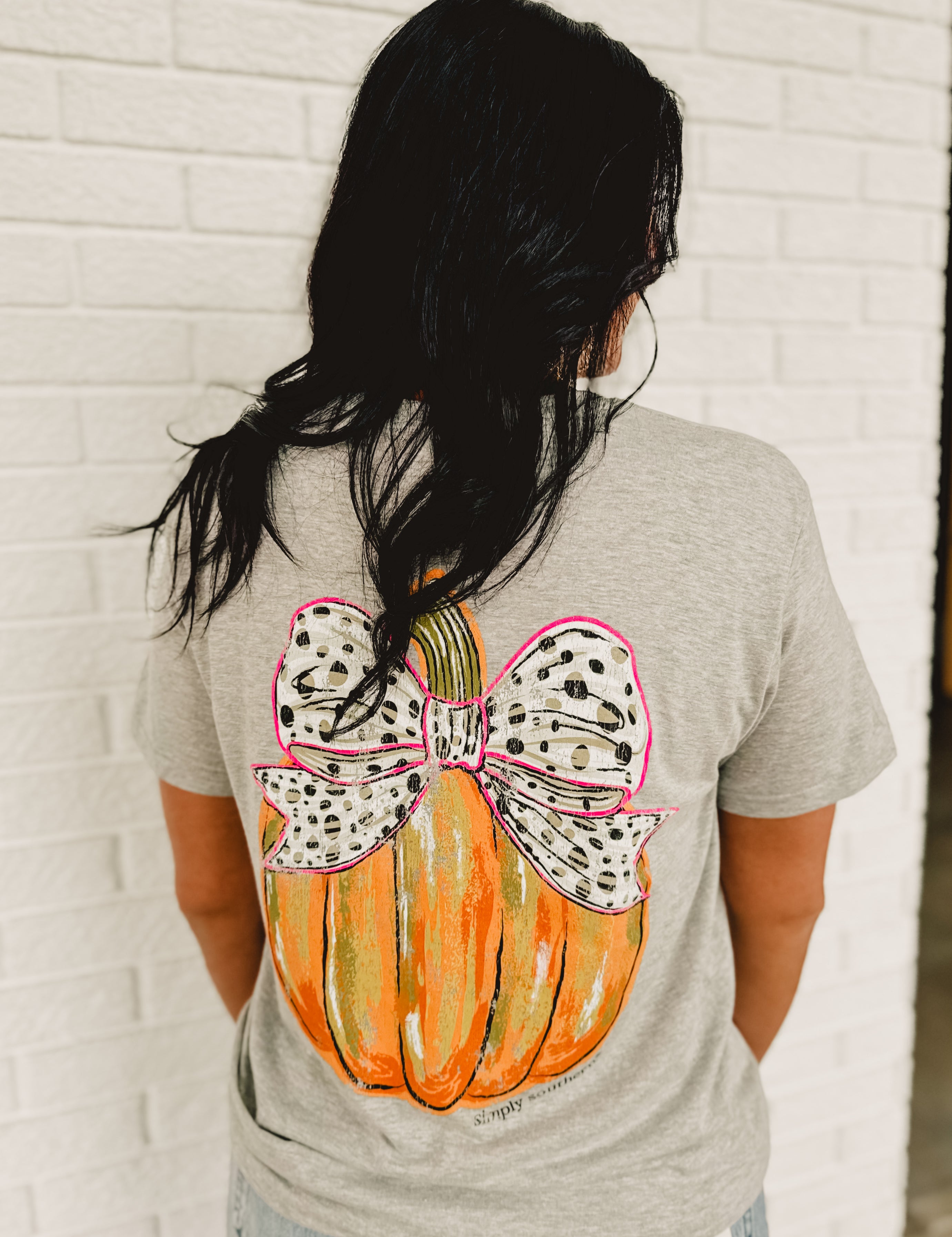 Simply Southern Pumpkin Bow Graphic Tee - Grey - Lace and Grace Boutique